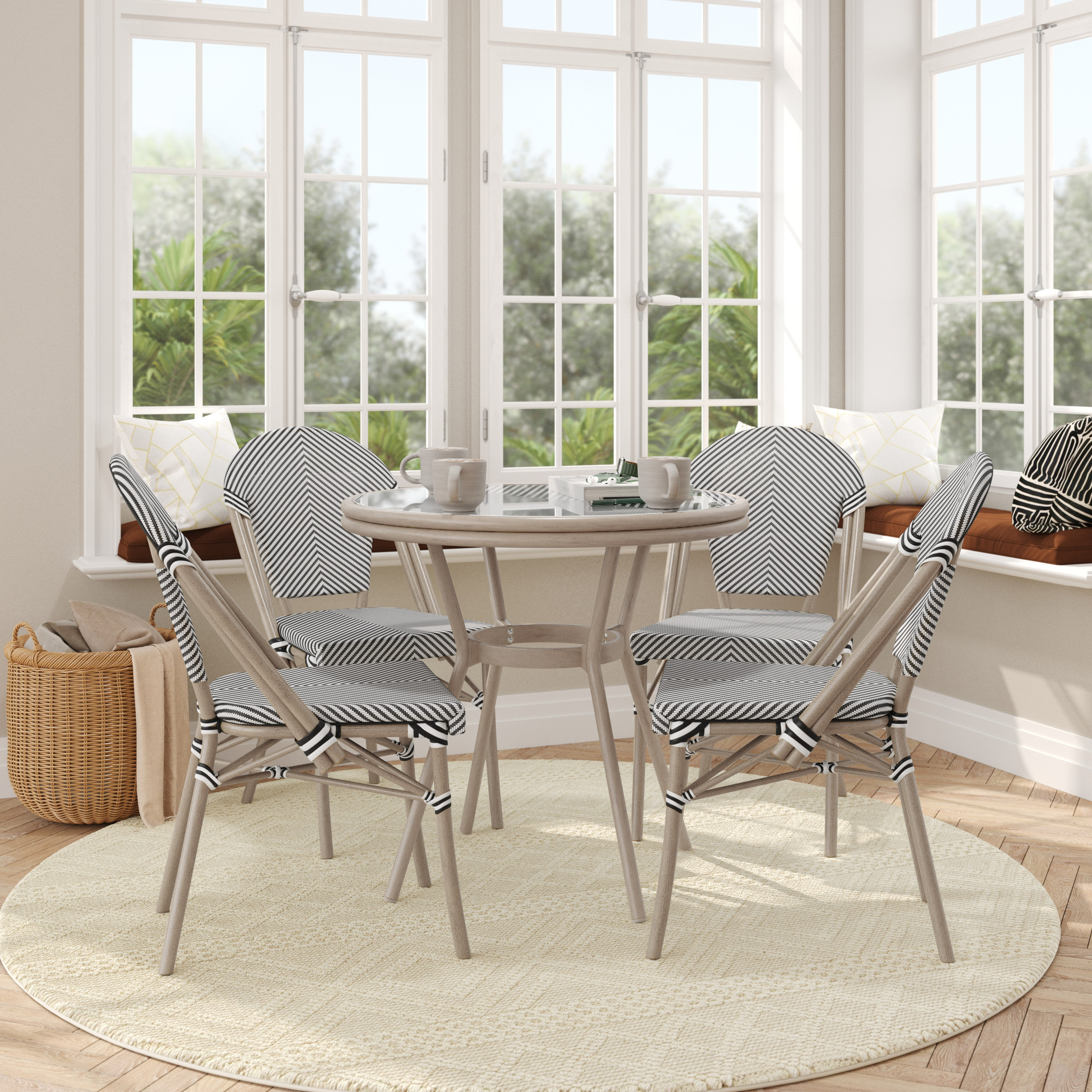 Marseille Indoor/Outdoor Commercial French Bistro 31.5" Table, Black/White Textilene, Glass Top with 4 Stack Chairs - Light Natural
