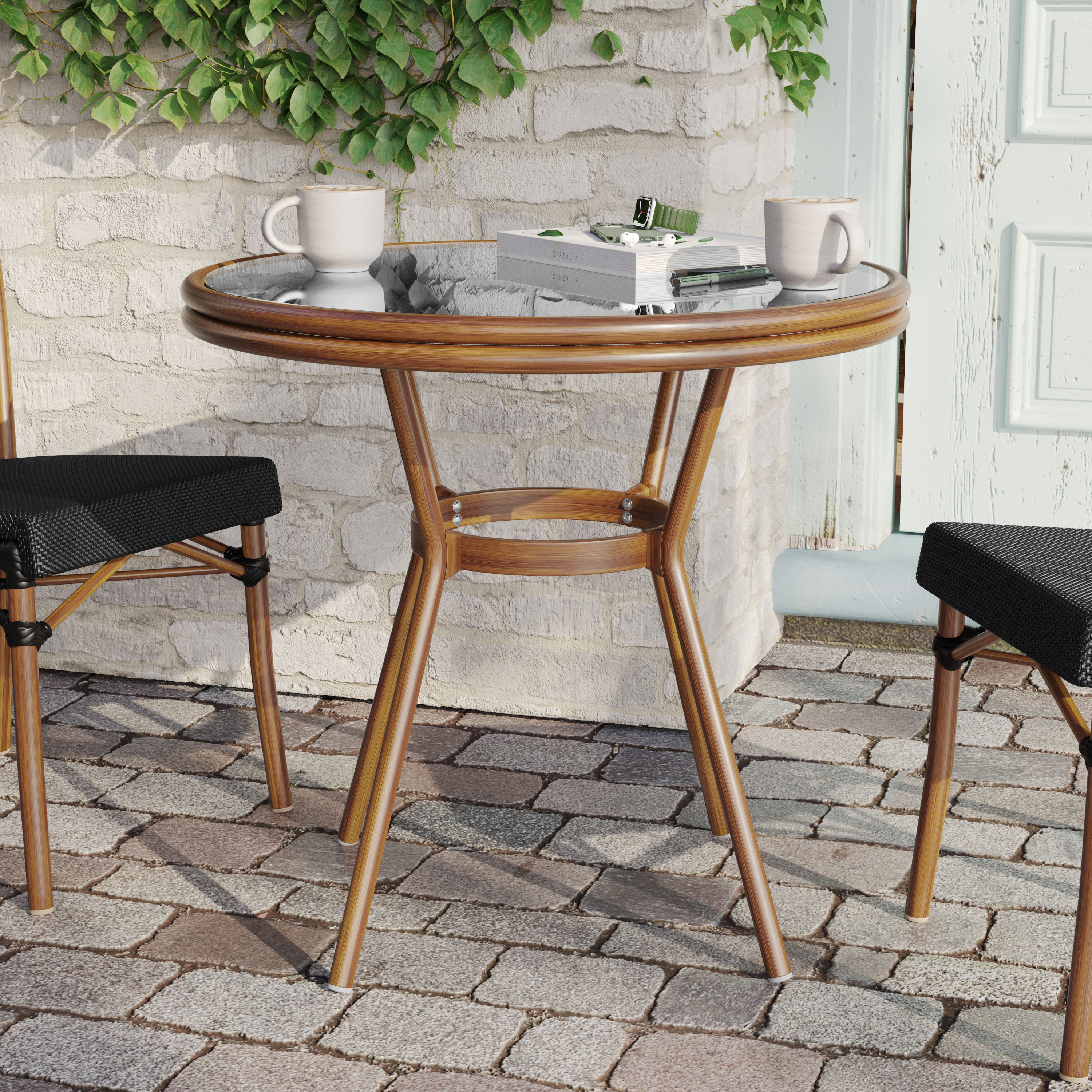 Marseille Indoor/Outdoor Commercial French Bistro 31.5" Table, Black Textilene, Glass Top, Bamboo Print Aluminum Frame in Natural