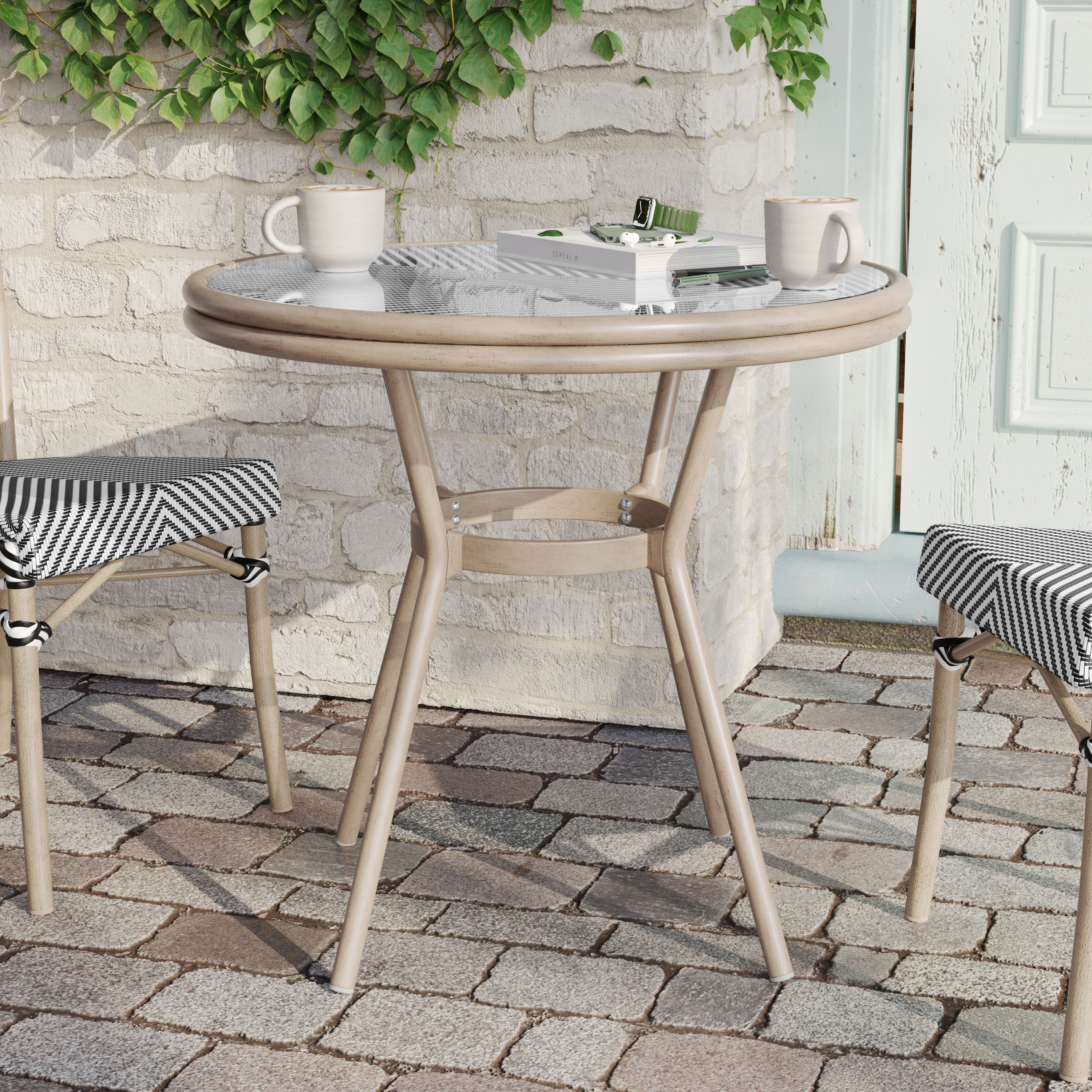 Marseille Indoor/Outdoor Commercial French Bistro 31.5" Table, Black/White Textilene, Glass Top, Bamboo Print Aluminum Frame in Light Natural