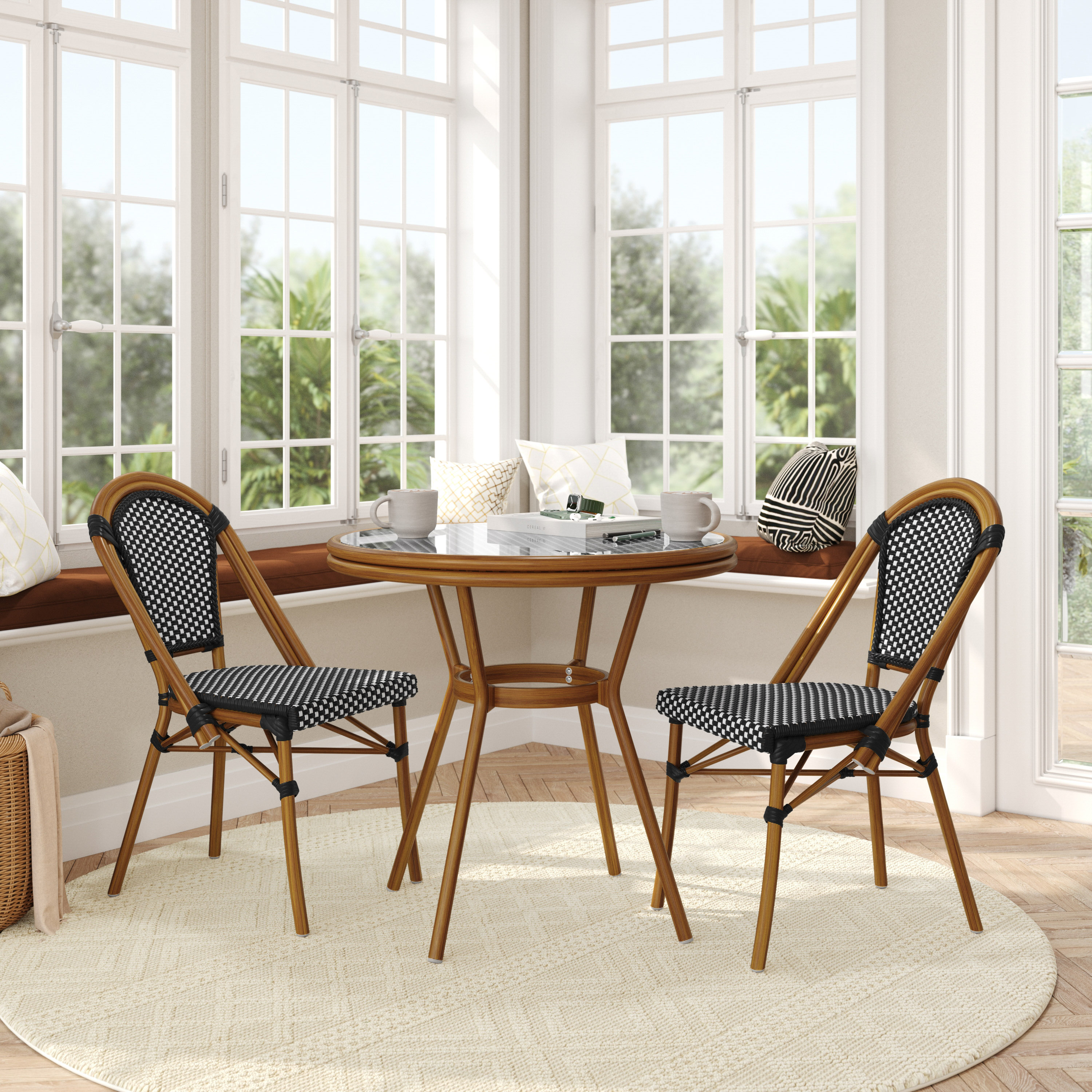 Bordeaux Indoor/Outdoor Commercial French Bistro 31.5" Table, Black and White PE Rattan, Glass Top with 2 Stack Chairs