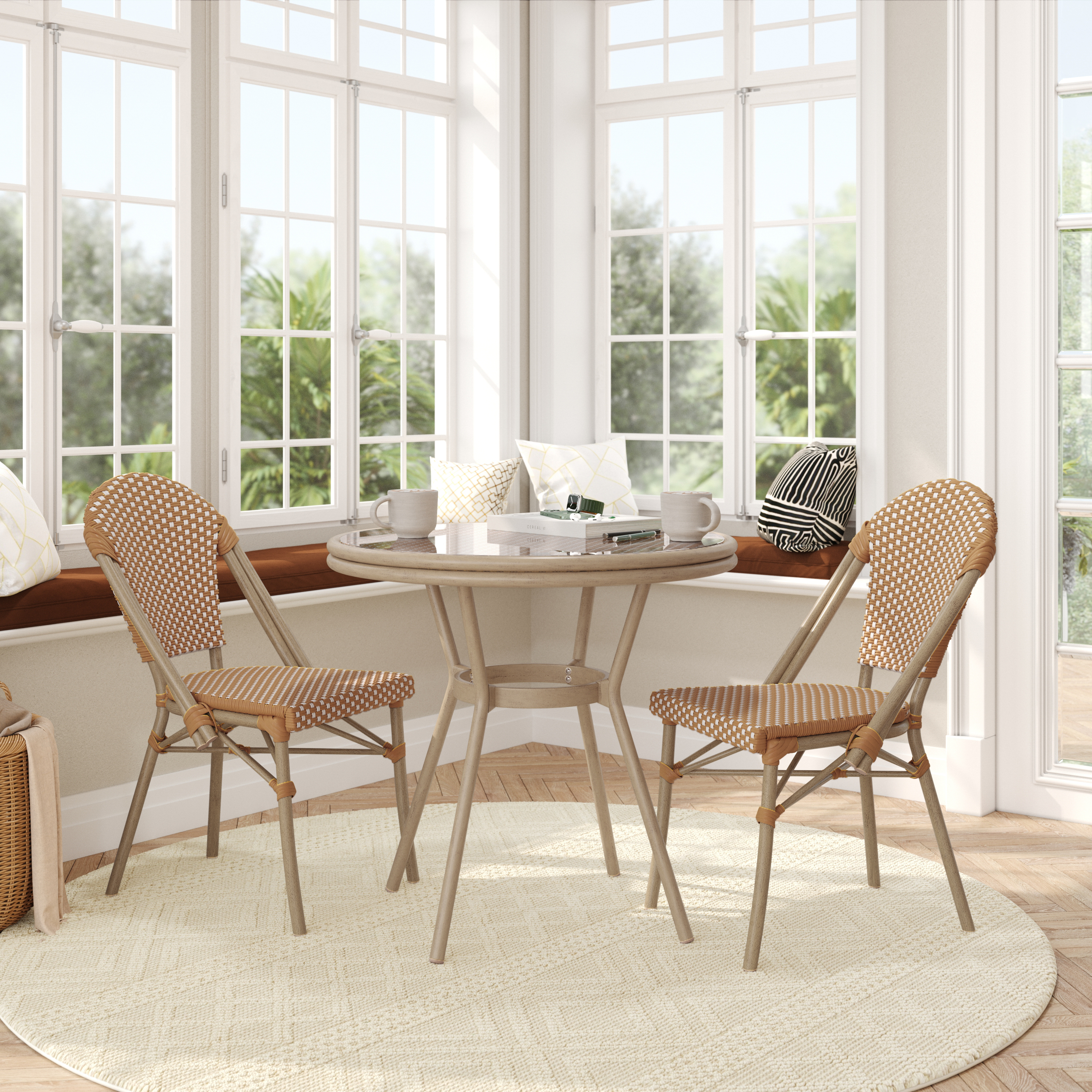 Lourdes Indoor/Outdoor Commercial French Bistro 31.5" Table, Natural/White PE Rattan, Glass Top with 2 Stack Chairs - Light Natural