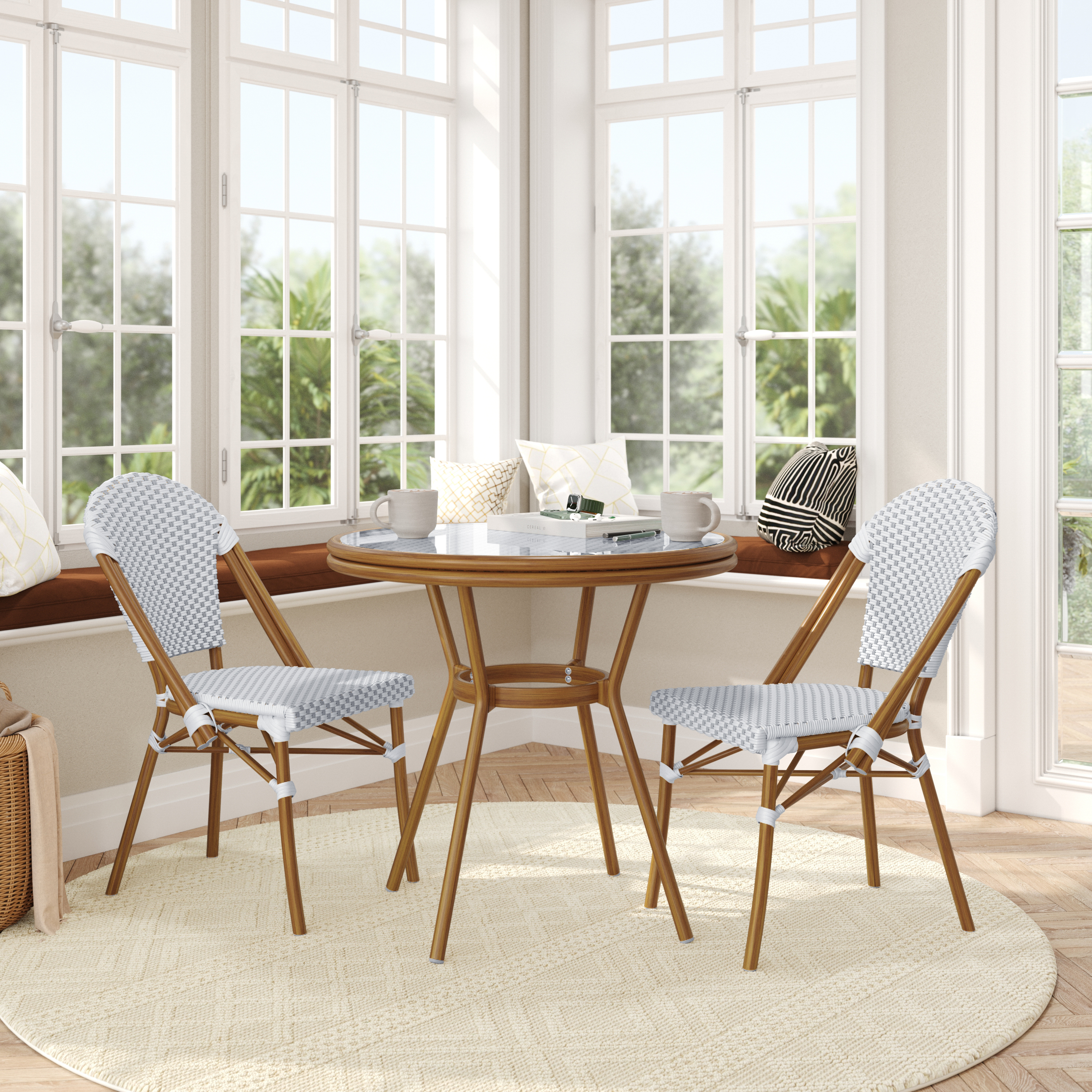 Lourdes Indoor/Outdoor Commercial French Bistro 31.5" Table, White and Gray PE Rattan, Glass Top with 2 Stack Chairs - Natural Frame