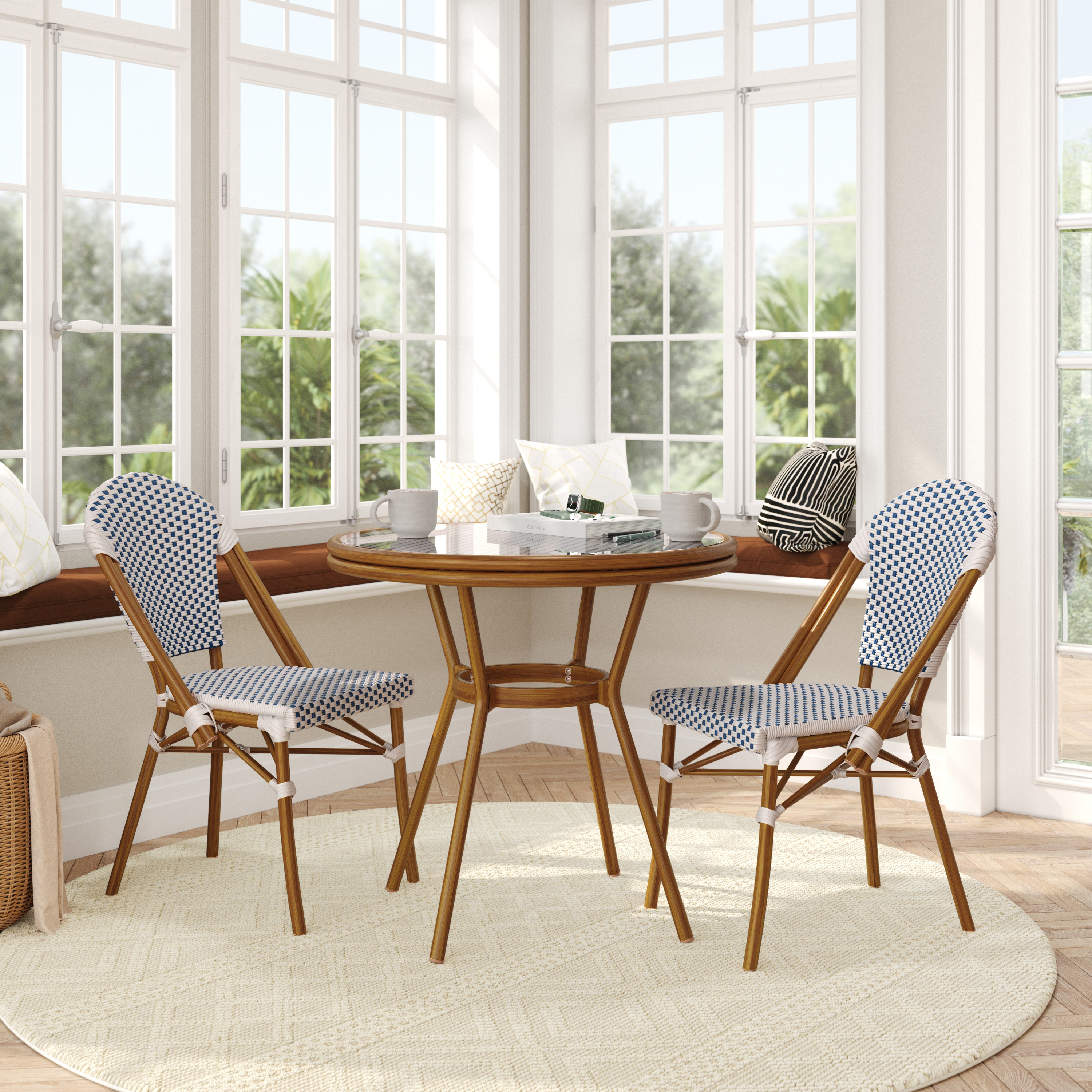 Lourdes Indoor/Outdoor Commercial French Bistro 31.5" Table, White and Navy PE Rattan, Glass Top with 2 Stack Chairs - Natural Frame
