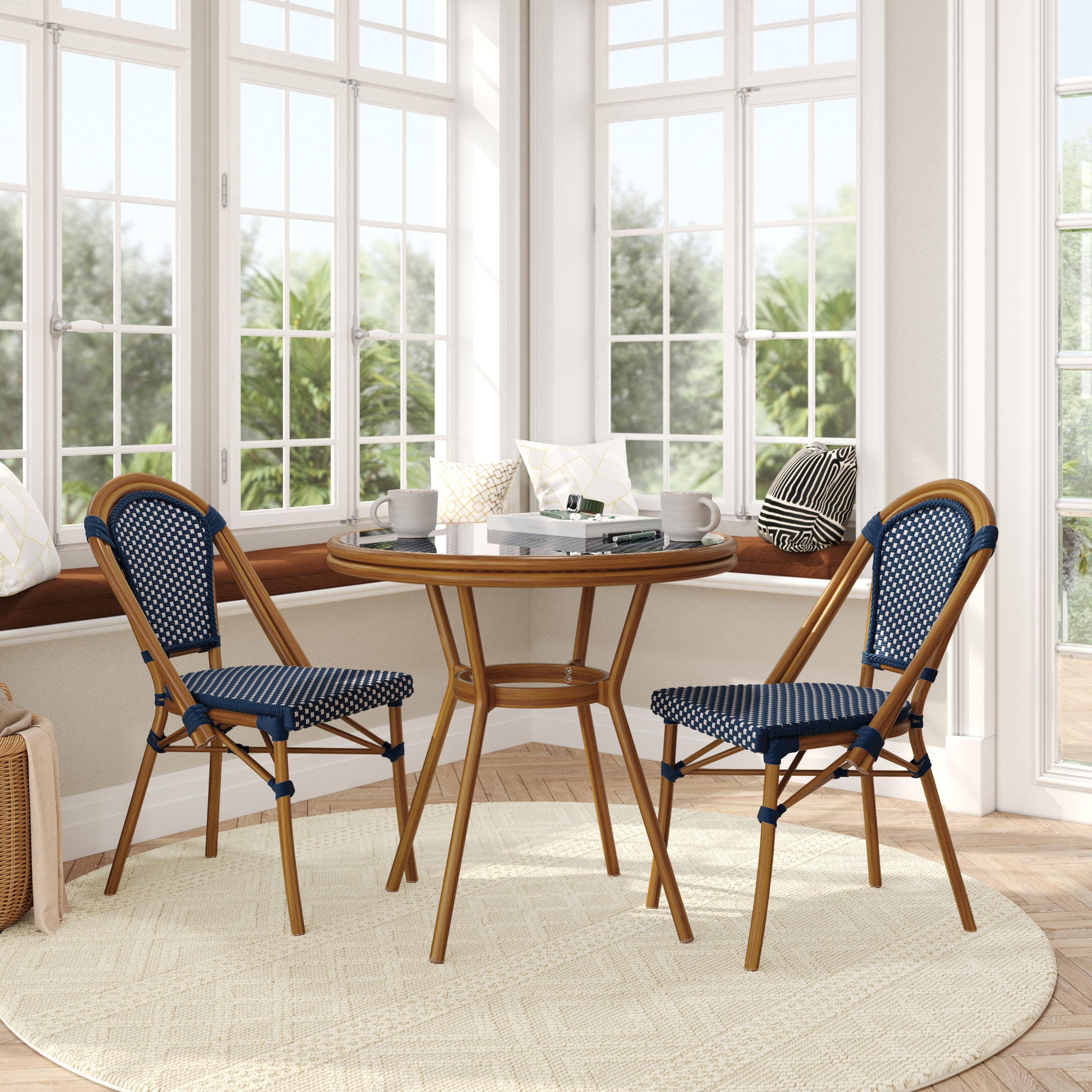 Bordeaux Indoor/Outdoor Commercial French Bistro 31.5" Table, Navy and White PE Rattan, Glass Top with 2 Stack Chairs - Natural Frame