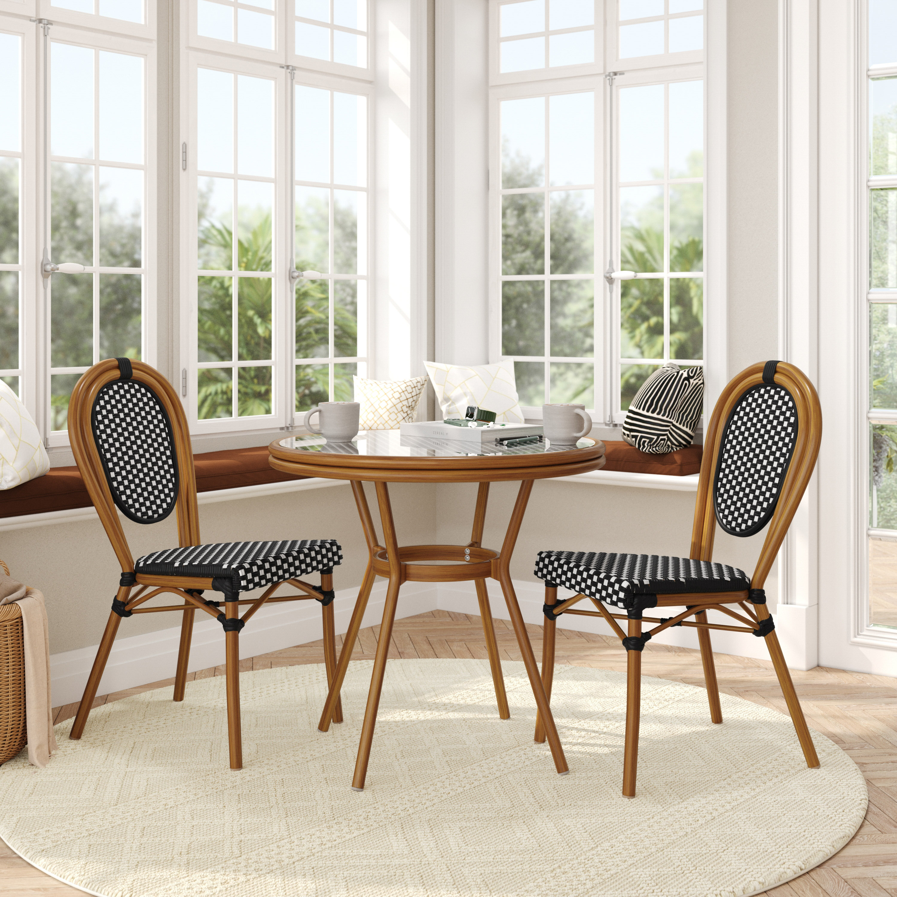 Lourdes Indoor/Outdoor Commercial French Bistro 31.5" Table, Black and White PE Rattan, Glass Top with 2 Stack Chairs