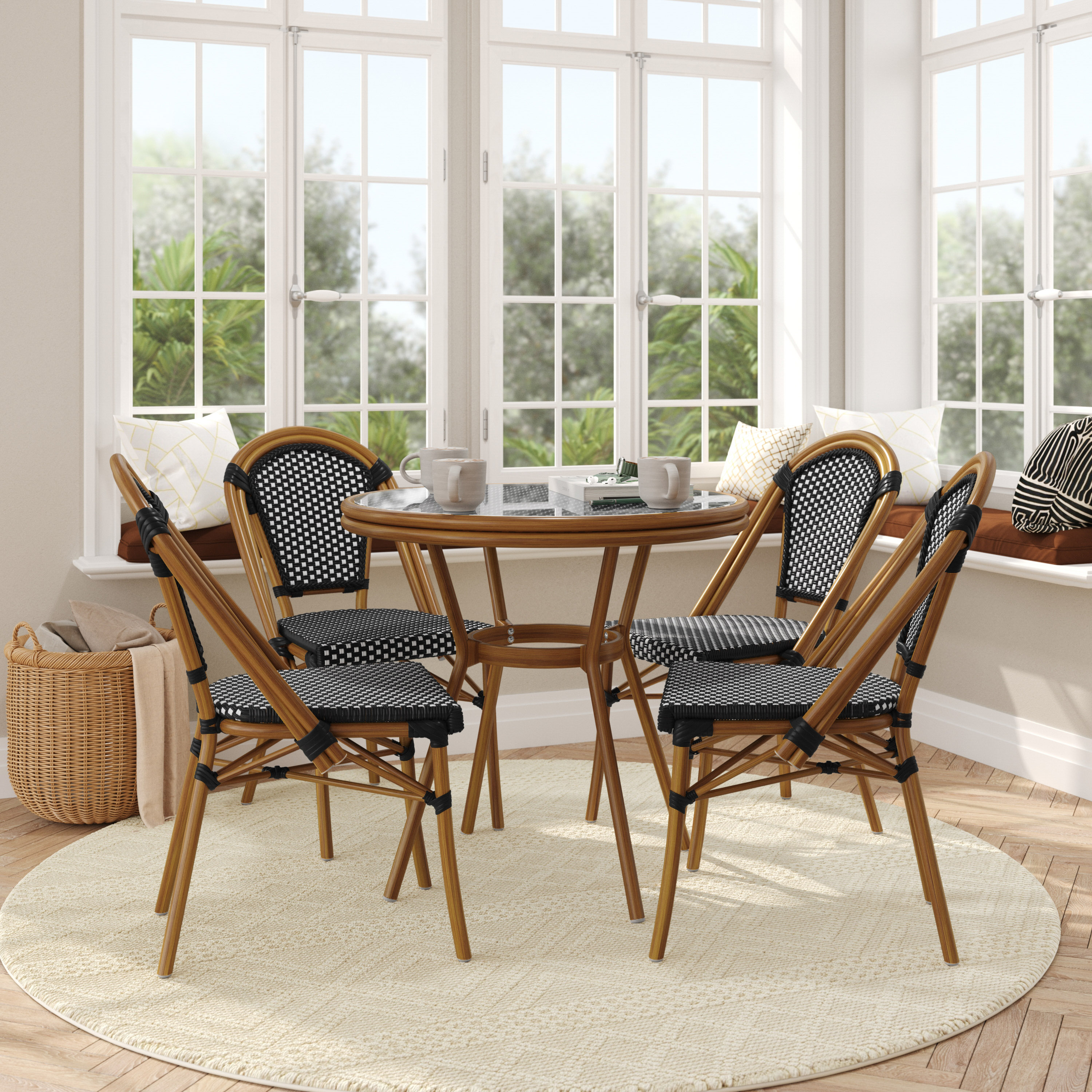 Bordeaux Indoor/Outdoor Commercial French Bistro 31.5" Table, Black and White PE Rattan, Glass Top with 4 Stack Chairs