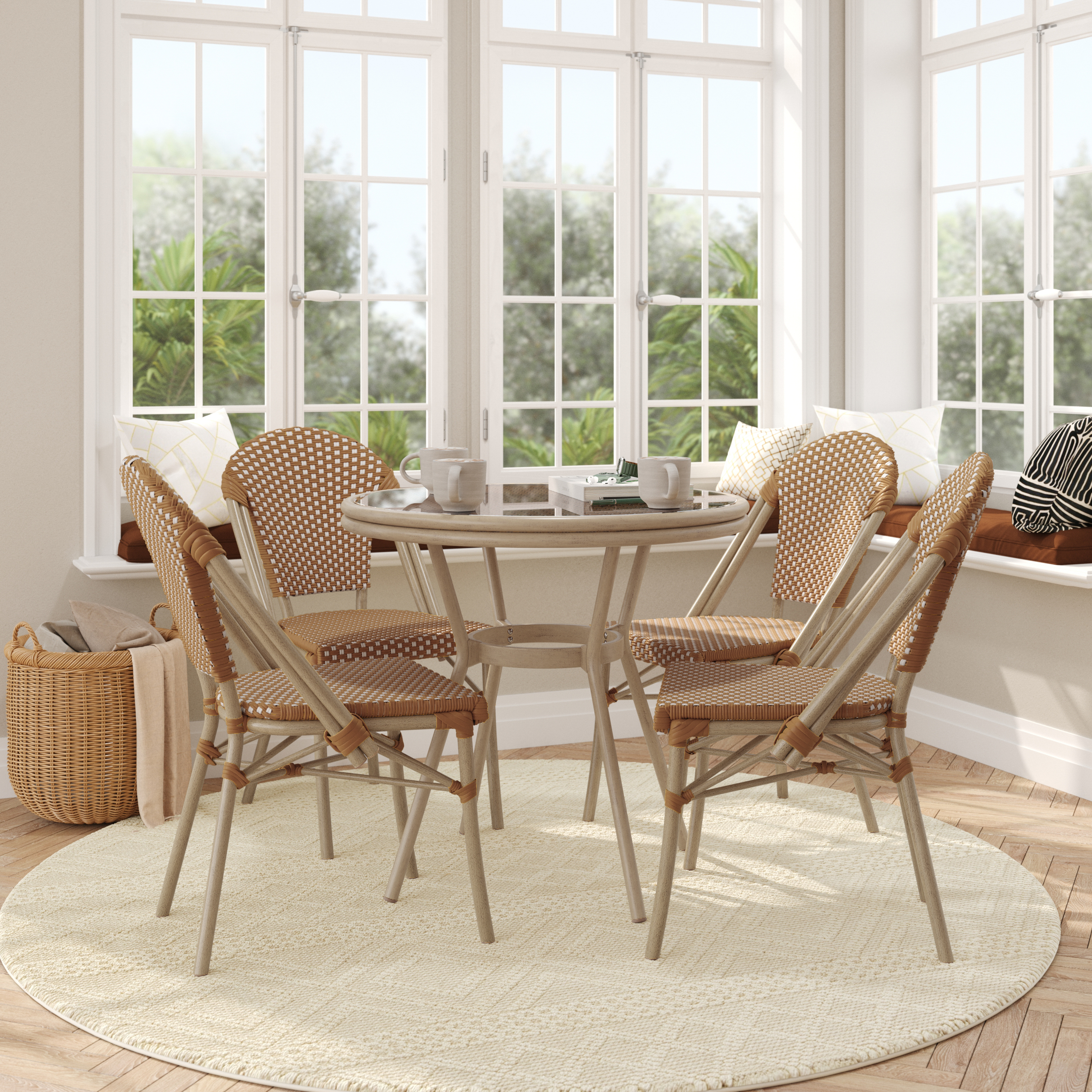 Lourdes Indoor/Outdoor Commercial French Bistro 31.5" Table, Natural/White PE Rattan, Glass Top with 4 Stack Chairs - Light Natural