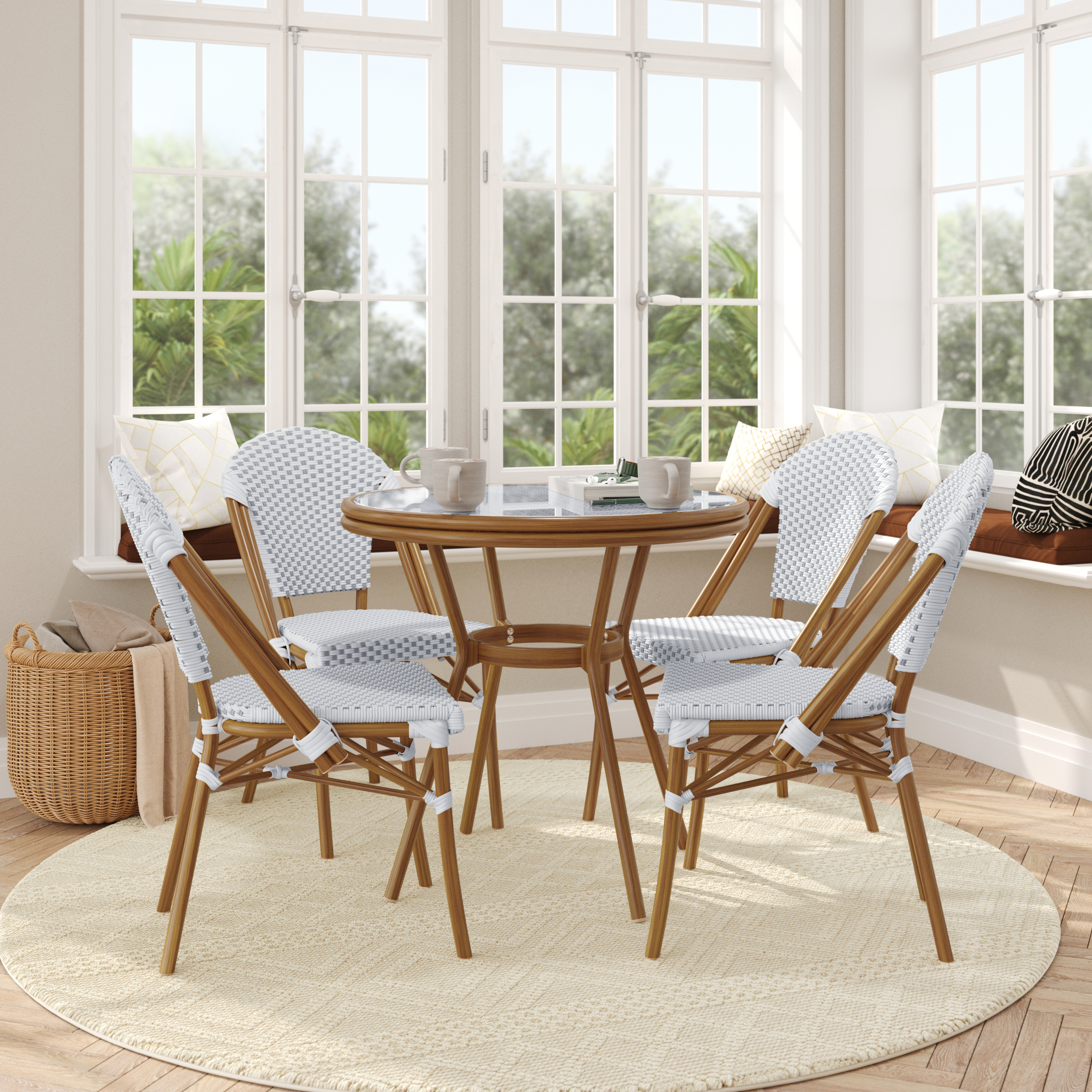 Lourdes Indoor/Outdoor Commercial French Bistro 31.5" Table, White and Gray PE Rattan, Glass Top with 4 Stack Chairs - Natural Frame
