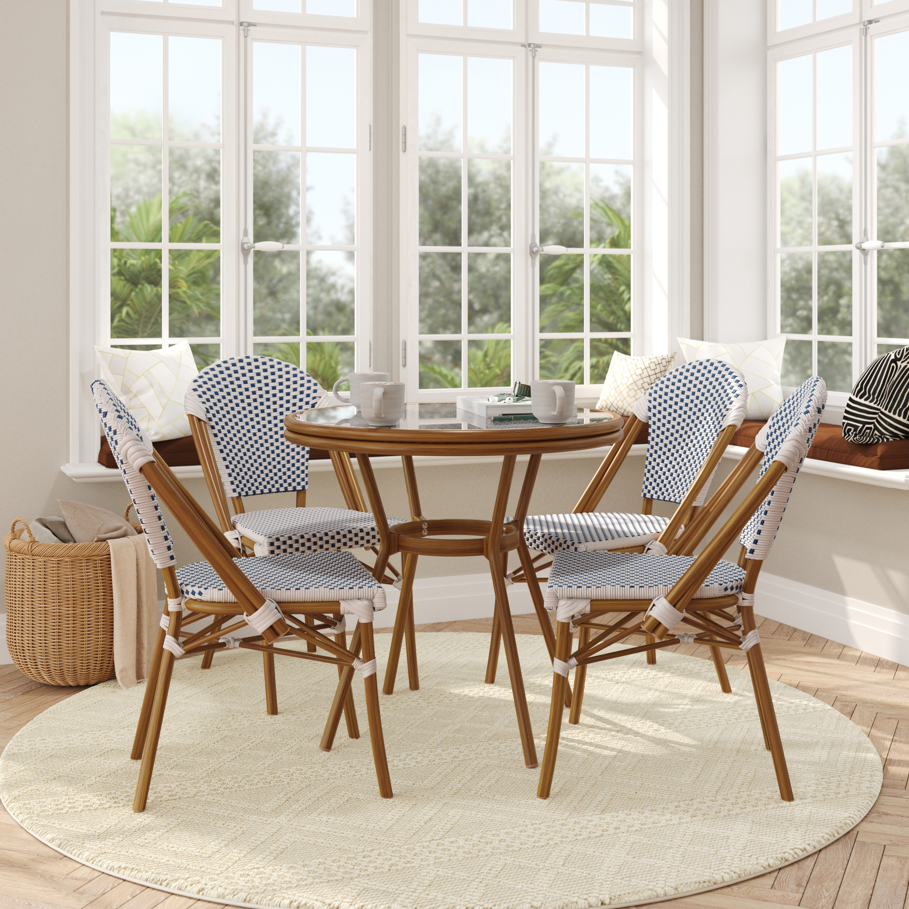 Lourdes Indoor/Outdoor Commercial French Bistro 31.5" Table, White and Navy PE Rattan, Glass Top with 4 Stack Chairs - Natural Frame