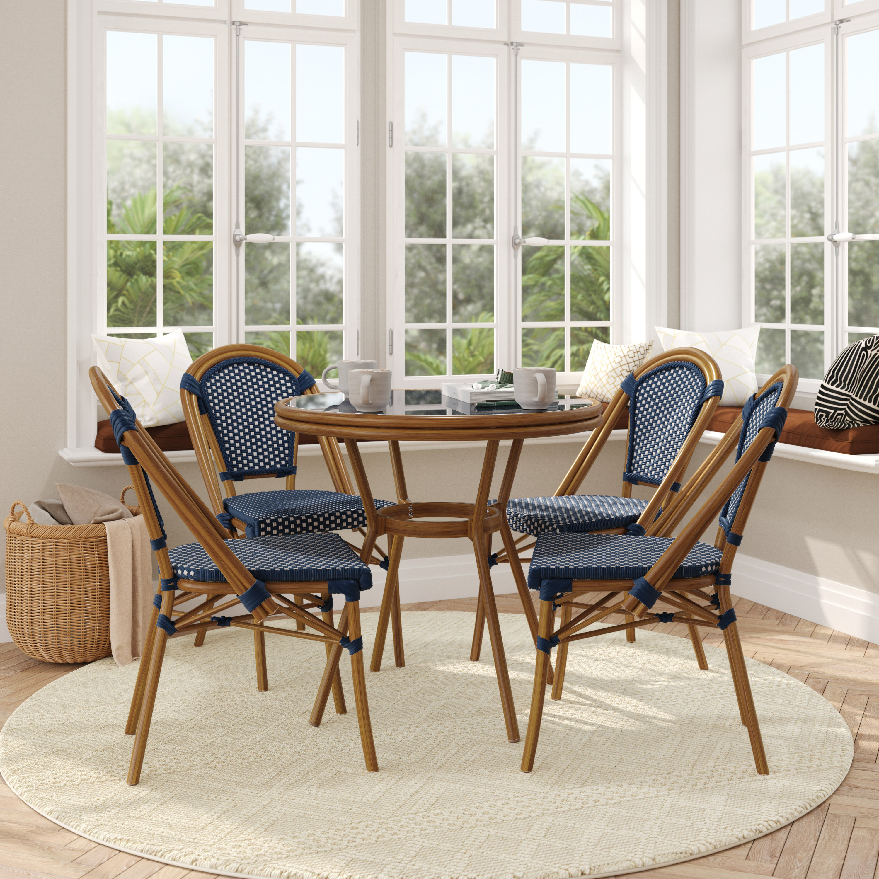 Bordeaux Indoor/Outdoor Commercial French Bistro 31.5" Table, Navy and White PE Rattan, Glass Top with 4 Stack Chairs - Natural Frame