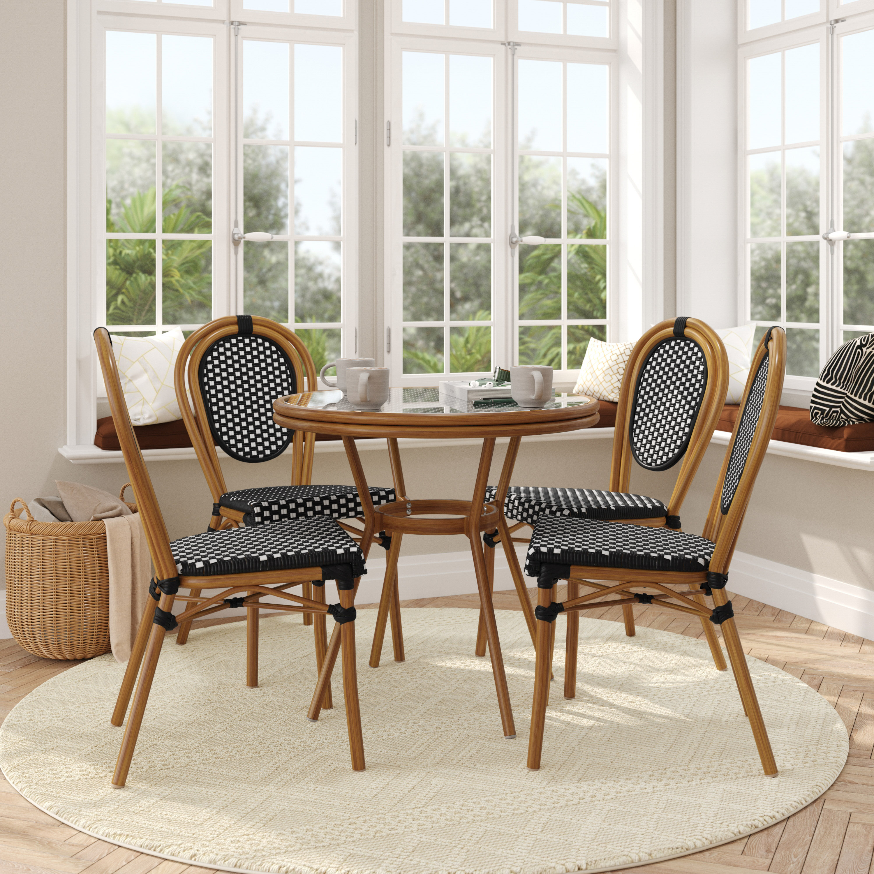 Lourdes Indoor/Outdoor Commercial French Bistro 31.5" Table, Black and White PE Rattan, Glass Top with 4 Stack Chairs