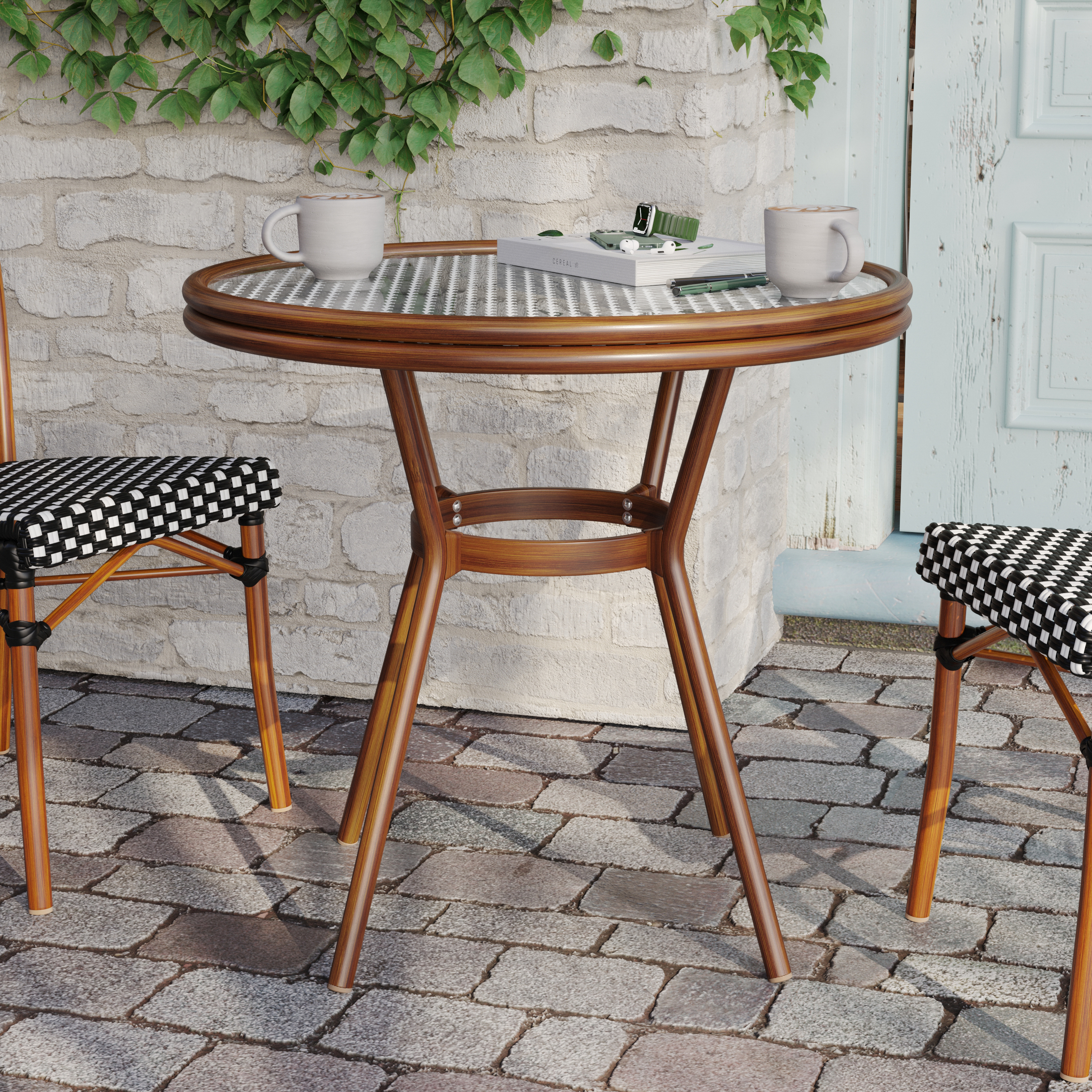 Lourdes Indoor/Outdoor Commercial French Bistro 31.5" Table, Black and White PE Rattan, Glass Top, Bamboo Print Aluminum Frame in Natural