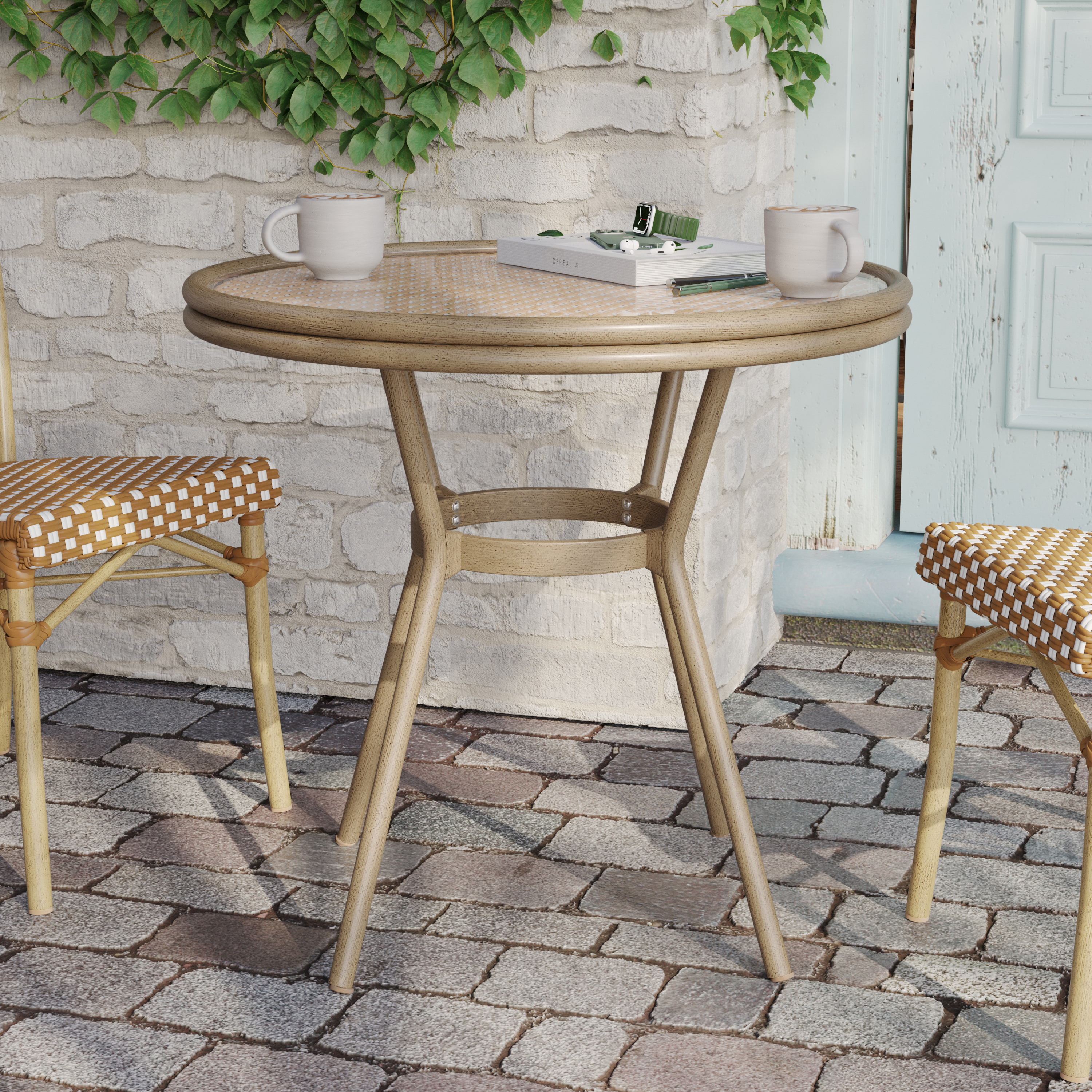Lourdes Indoor/Outdoor Commercial French Bistro 31.5" Table, Natural/White PE Rattan, Glass Top, Bamboo Print Aluminum Frame in Light Natural