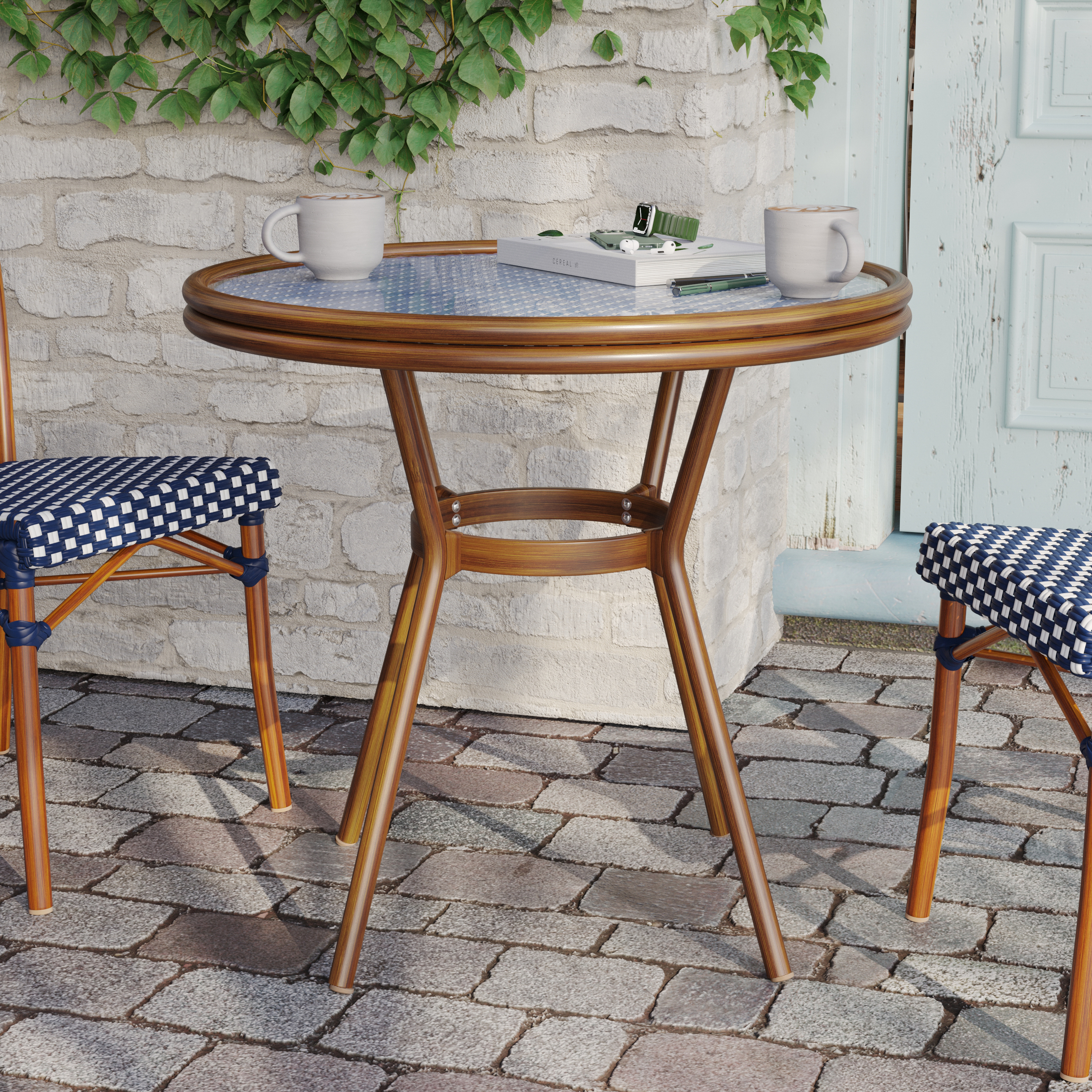 Lourdes Indoor/Outdoor Commercial French Bistro 31.5" Table, Navy and White PE Rattan, Glass Top, Bamboo Print Aluminum Frame in Natural