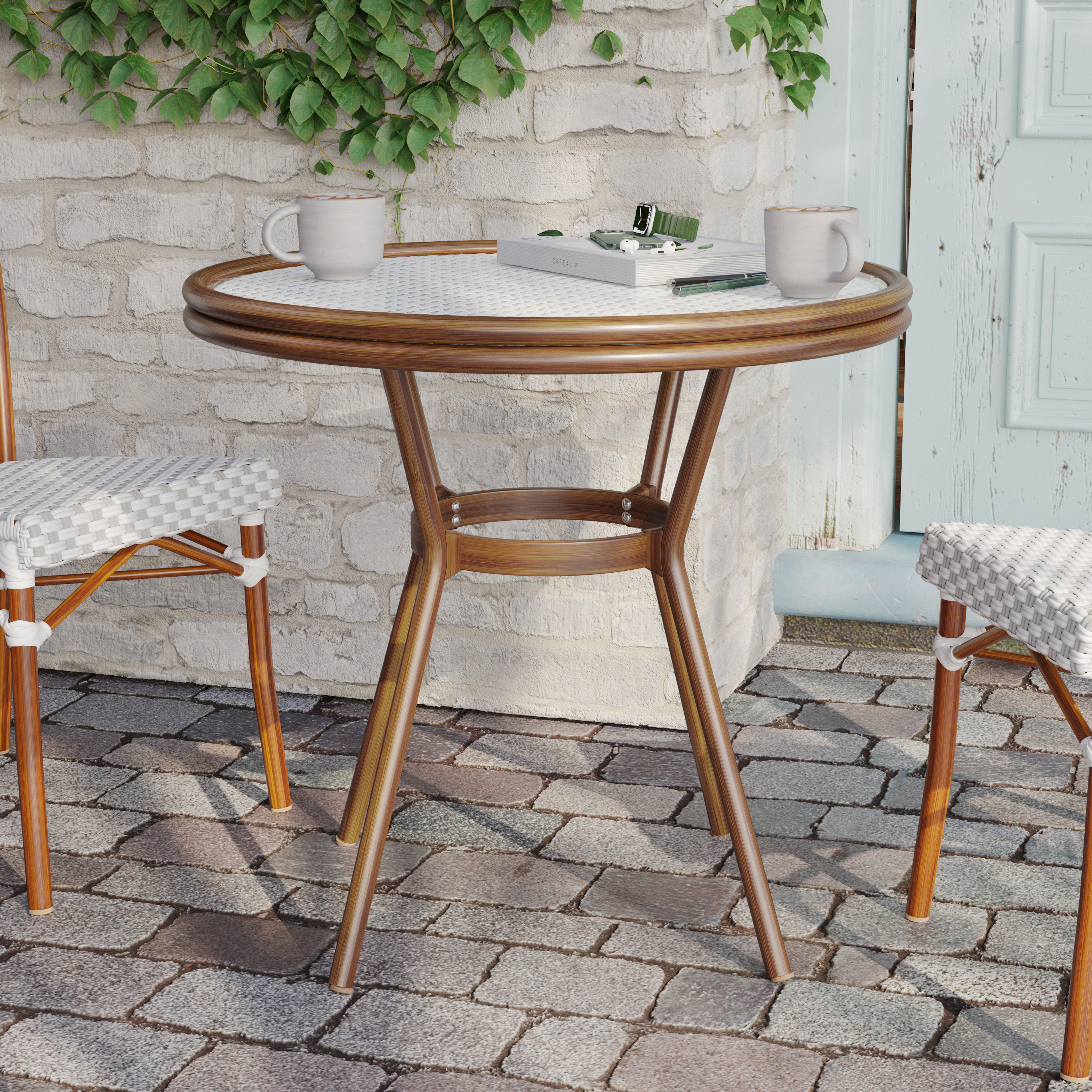 Lourdes Indoor/Outdoor Commercial French Bistro 31.5" Table, White and Gray PE Rattan, Glass Top, Bamboo Print Aluminum Frame in Natural