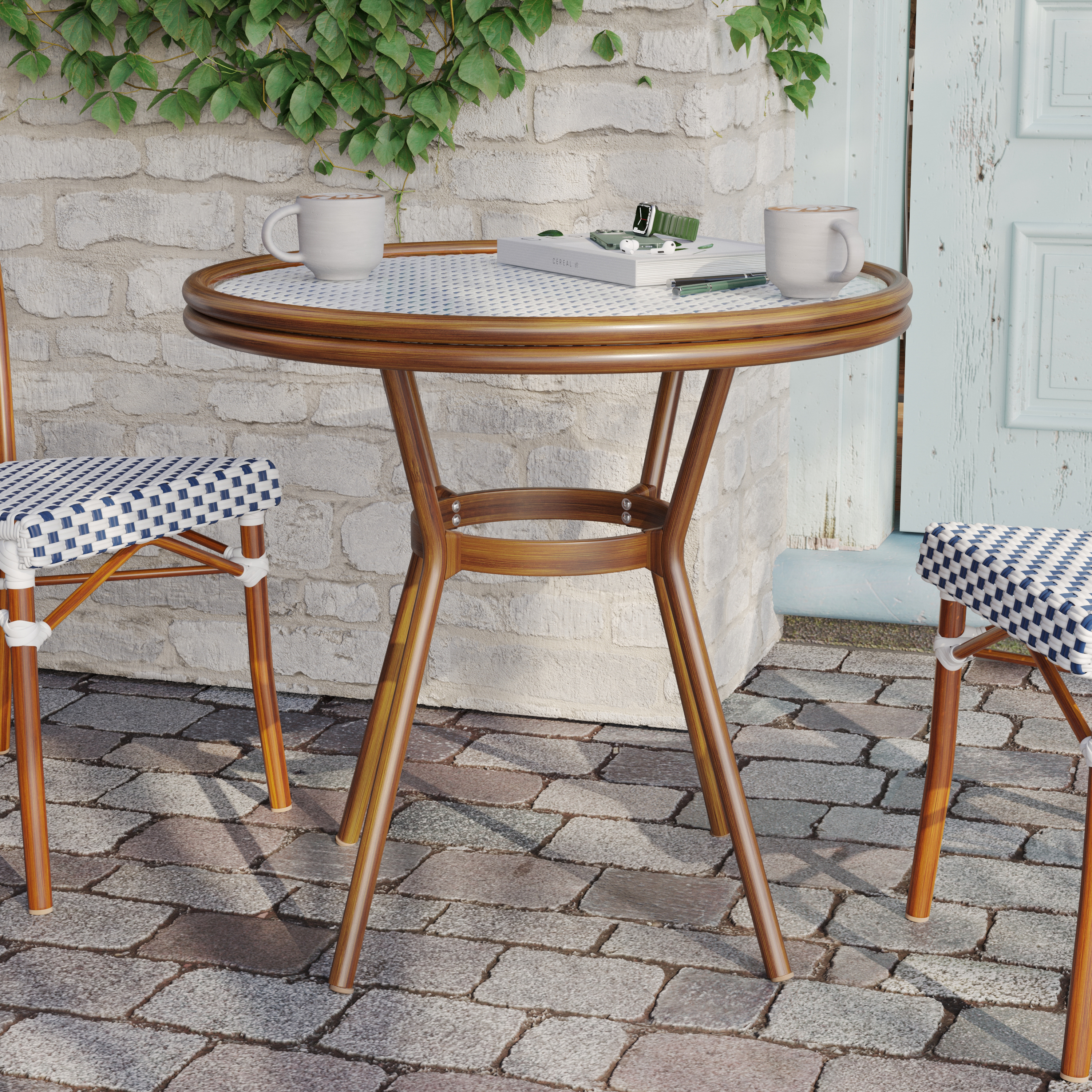 Lourdes Indoor/Outdoor Commercial French Bistro 31.5" Table, White and Navy PE Rattan, Glass Top, Bamboo Print Aluminum Frame in Natural