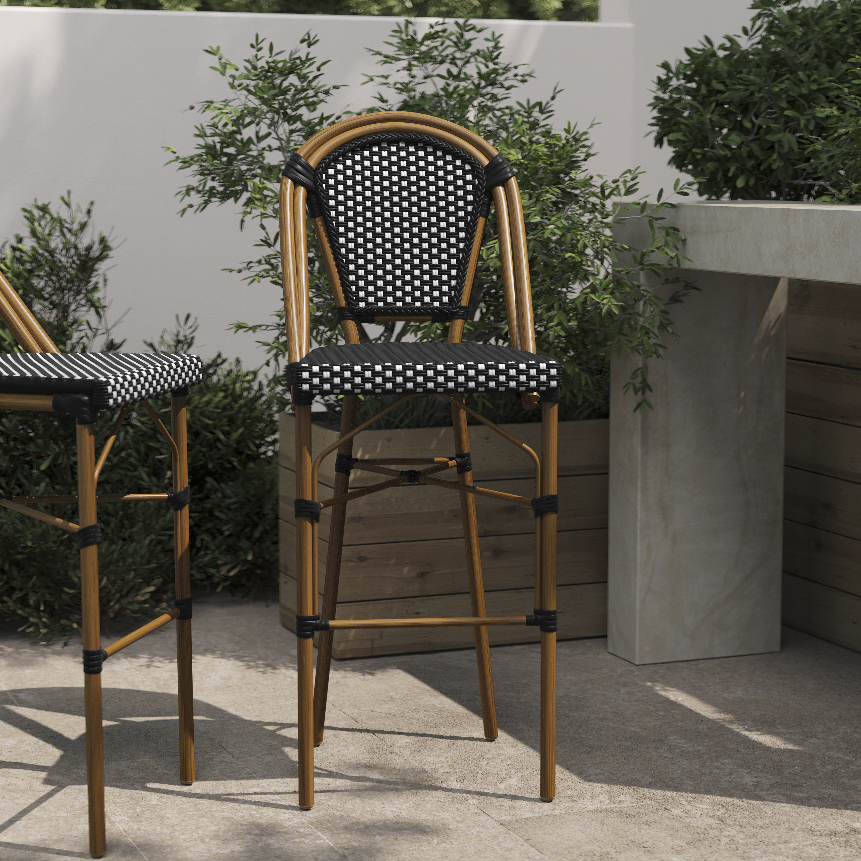 Bordeaux Stackable Indoor/Outdoor French Bistro 30" High Barstool, Commercial Grade, Black/White and Bamboo Finish