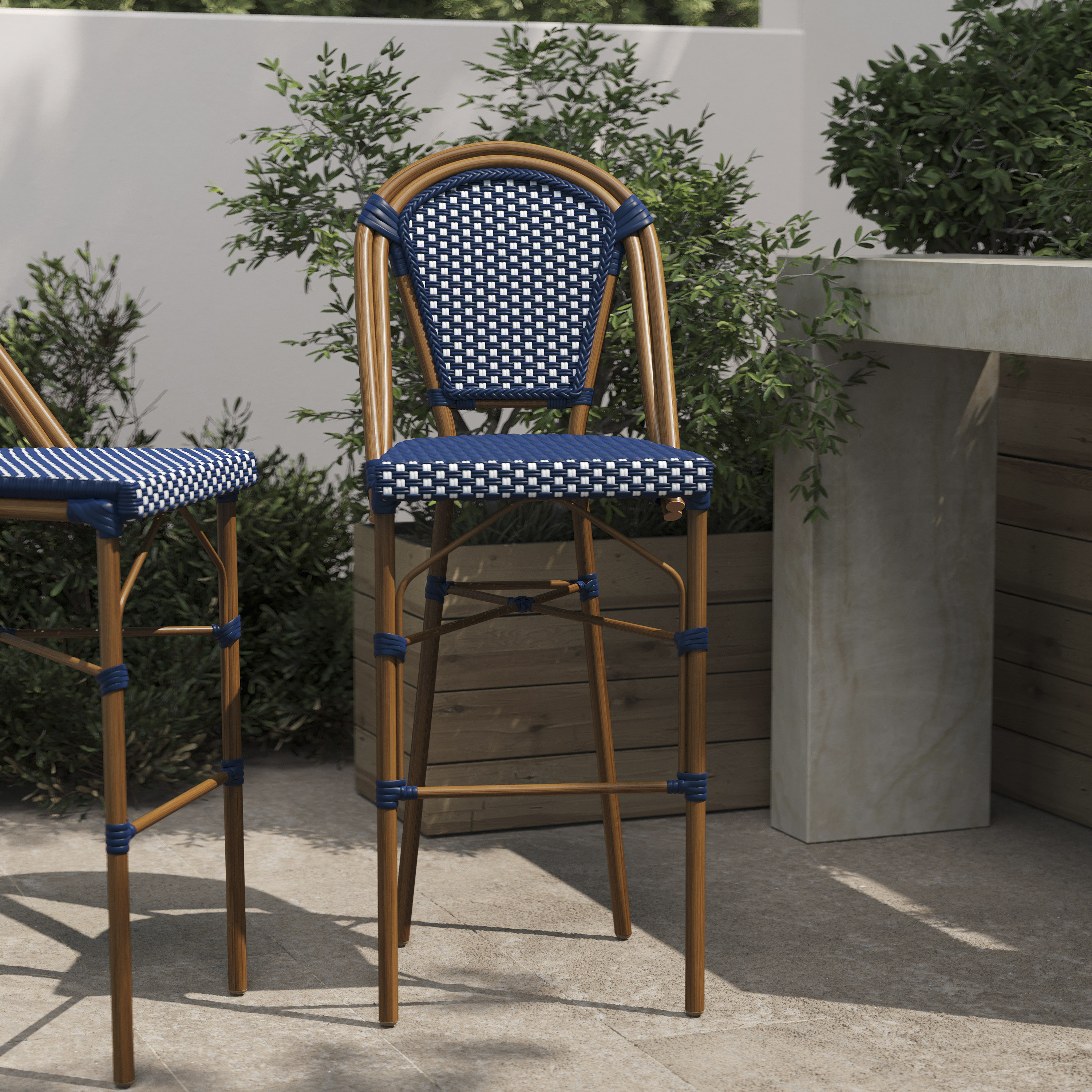 Bordeaux Stackable Indoor/Outdoor French Bistro 30" High Barstool, Commercial Grade, Navy/White and Bamboo Finish
