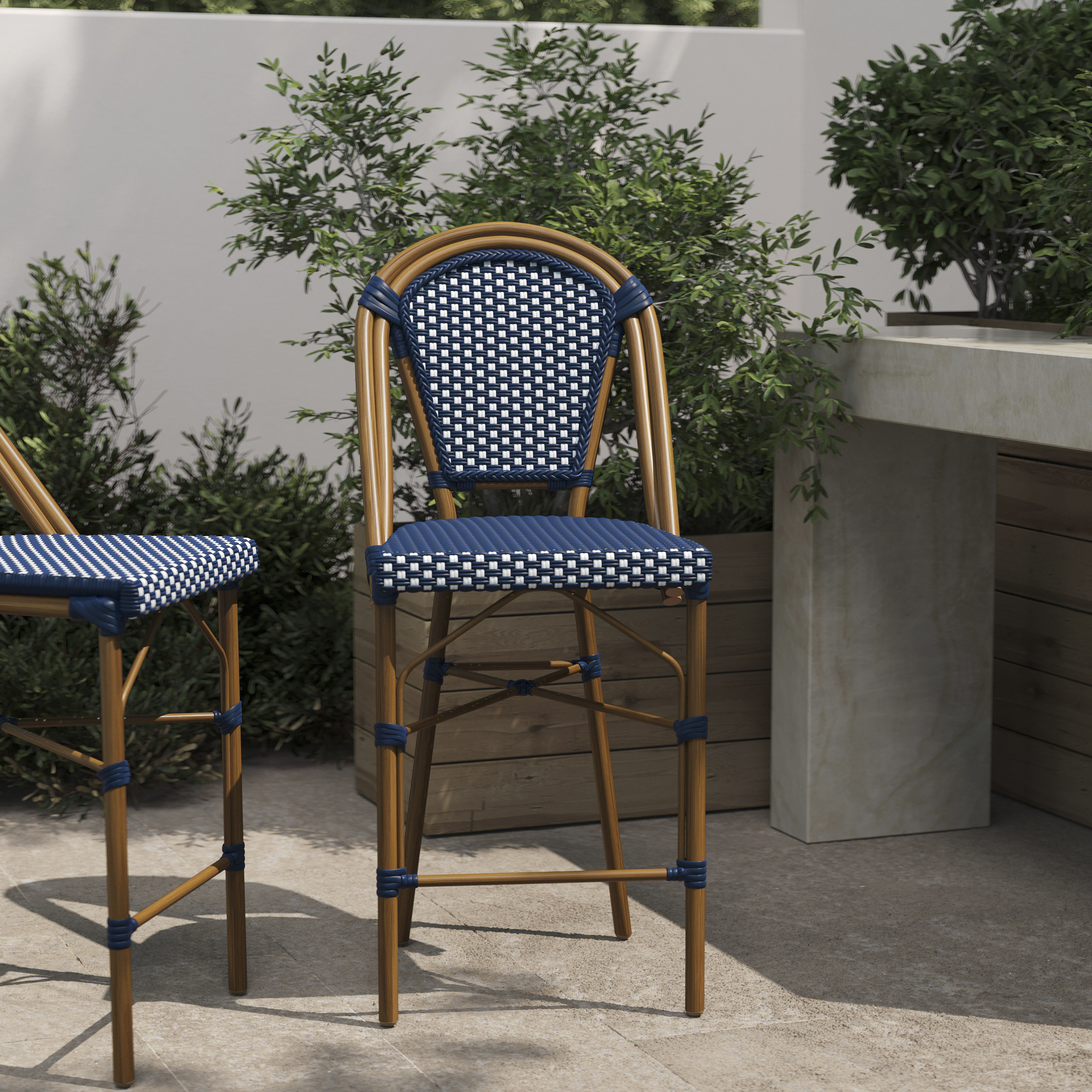Bordeaux Stackable Indoor/Outdoor French Bistro 26" High Counter Height Stool, Commercial Grade, Navy/White and Bamboo Finish