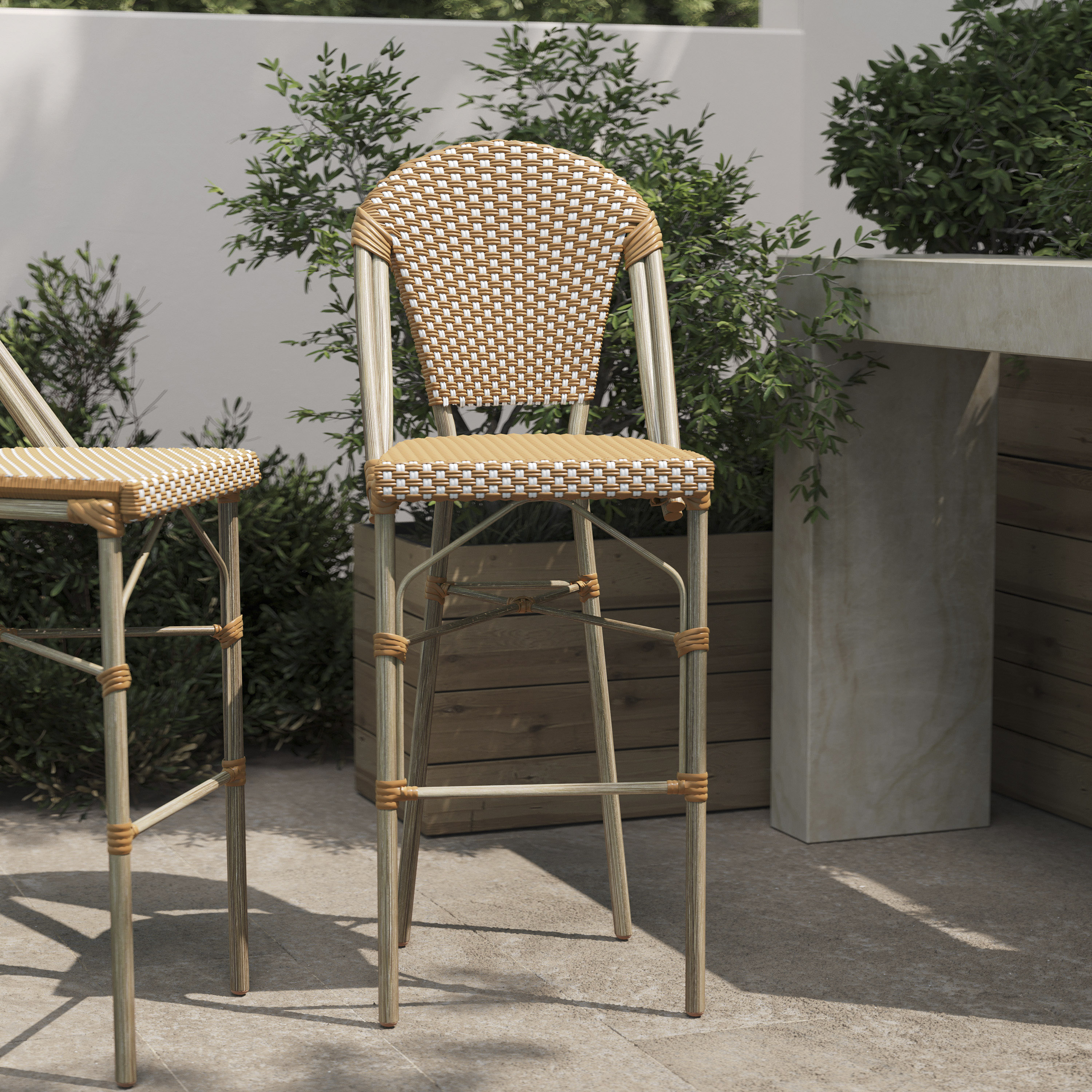 Lourdes Stackable Indoor/Outdoor French Bistro 30" High Barstool, Commercial Grade, Natural/White and Light Natural Finish