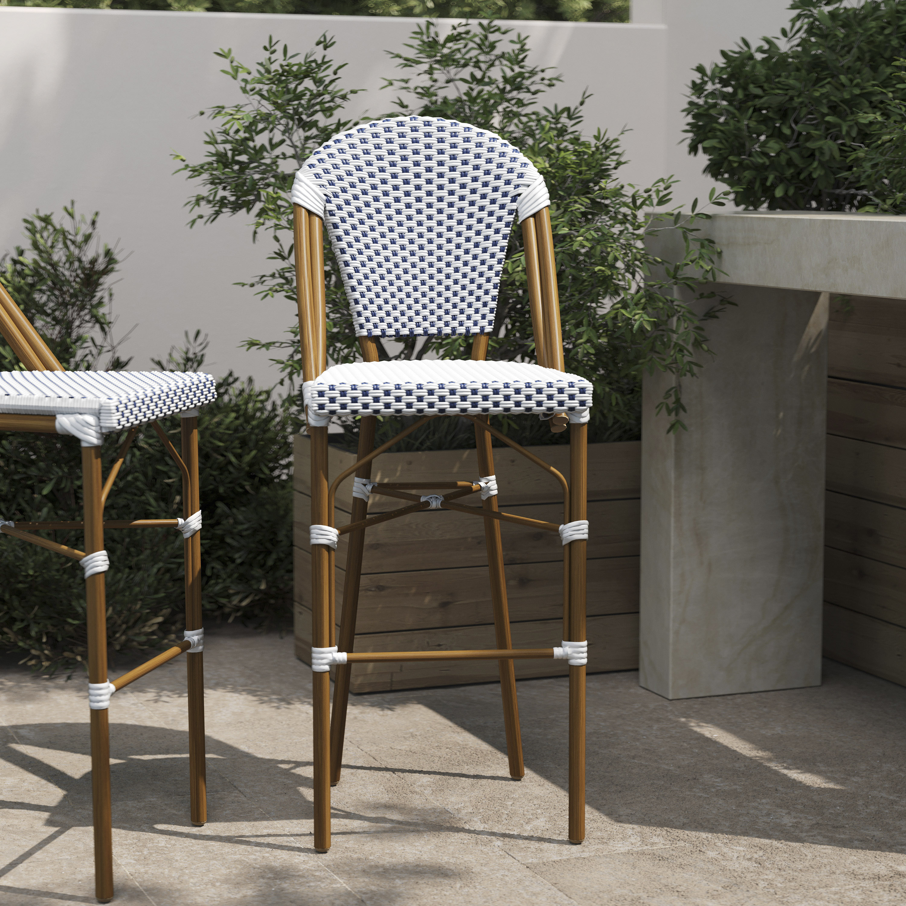 Lourdes Stackable Indoor/Outdoor French Bistro 30" High Barstool, Commercial Grade, White/Navy and Bamboo Finish