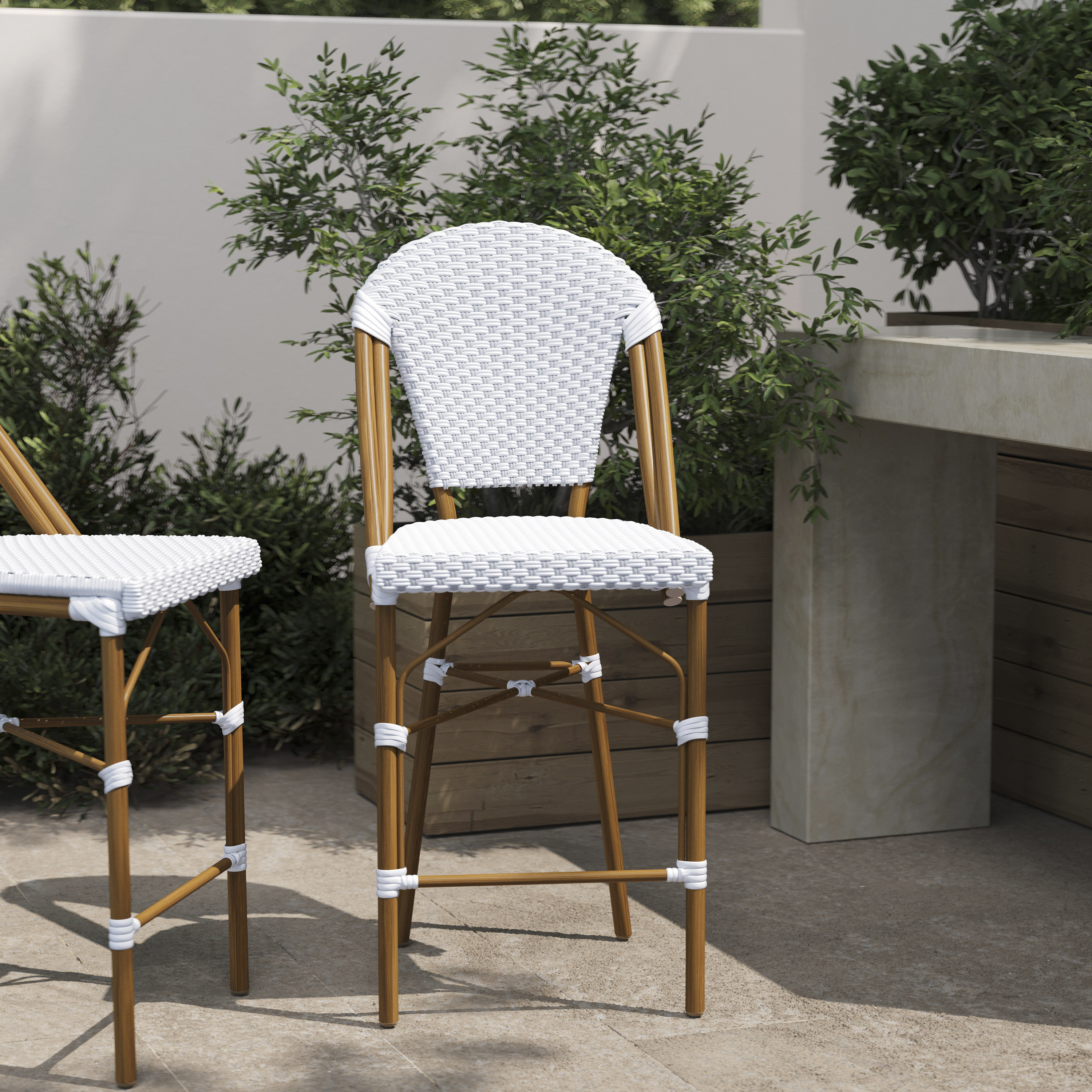 Lourdes Stackable Indoor/Outdoor French Bistro 26" High Counter Height Stool, Commercial Grade, White/Gray and Bamboo Finish