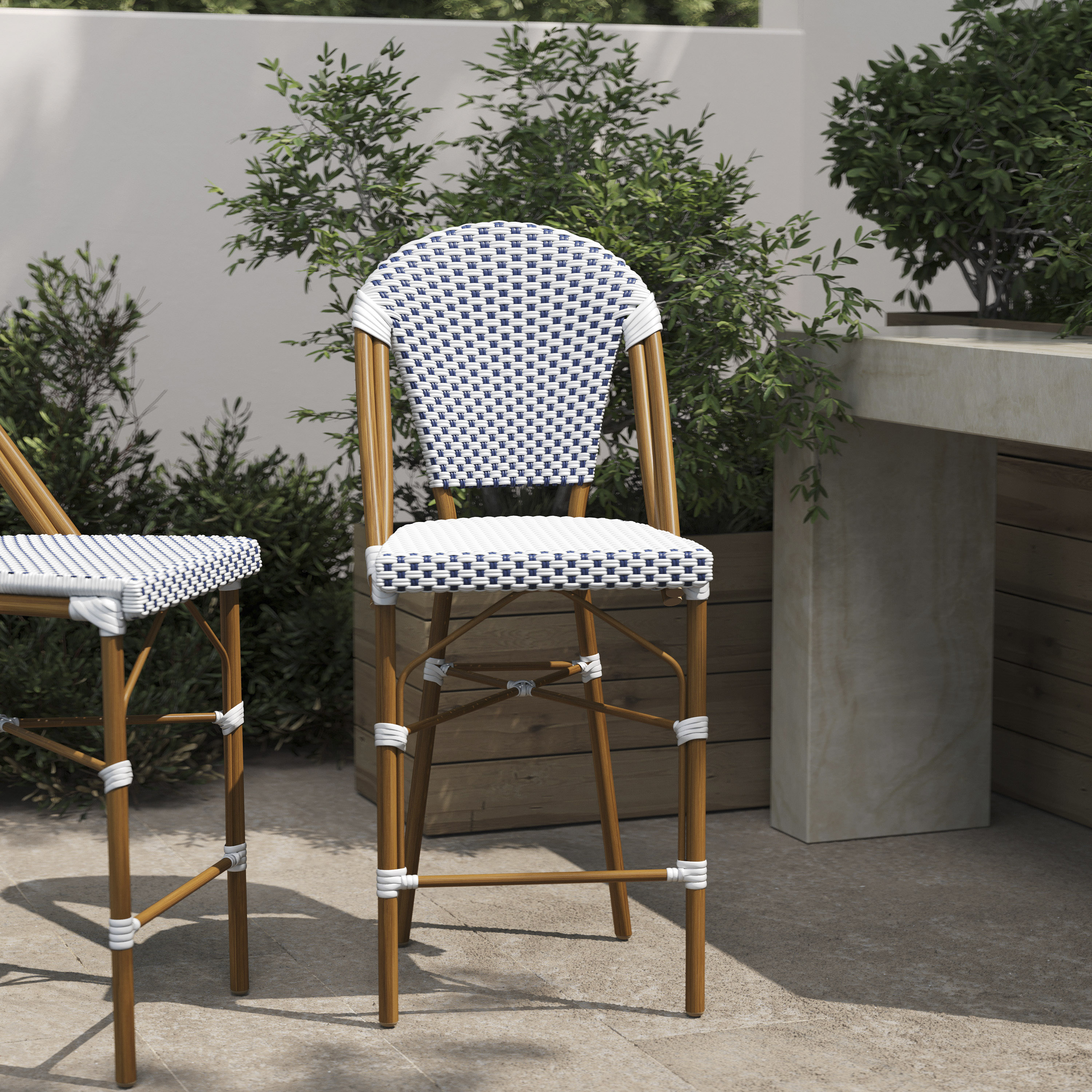 Lourdes Stackable Indoor/Outdoor French Bistro 26" High Counter Height Stool, Commercial Grade, White/Navy and Bamboo Finish