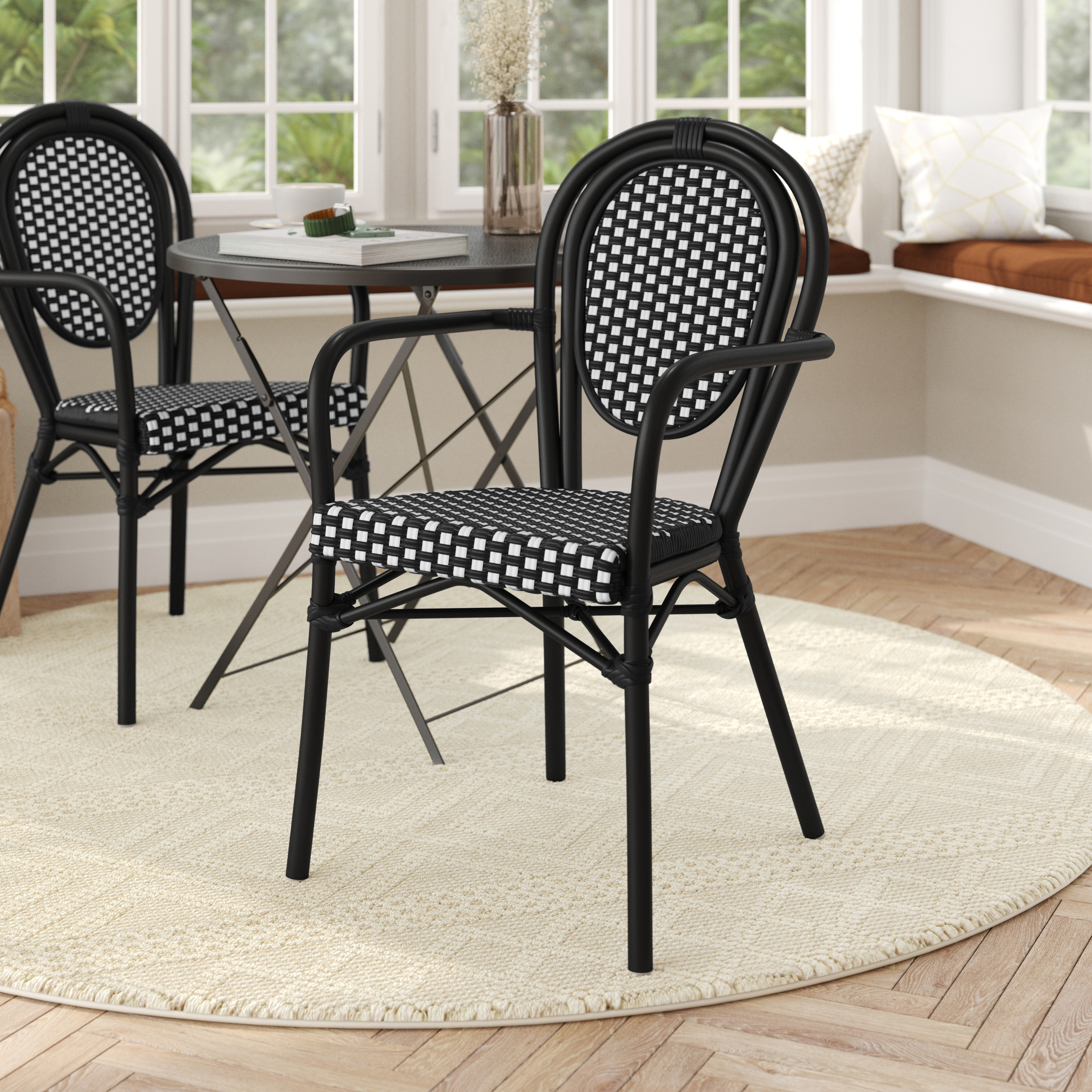 Lourdes Indoor/Outdoor Commercial Thonet French Bistro Stacking Chair with Arms, Black and White PE Rattan and Black Aluminum Frame