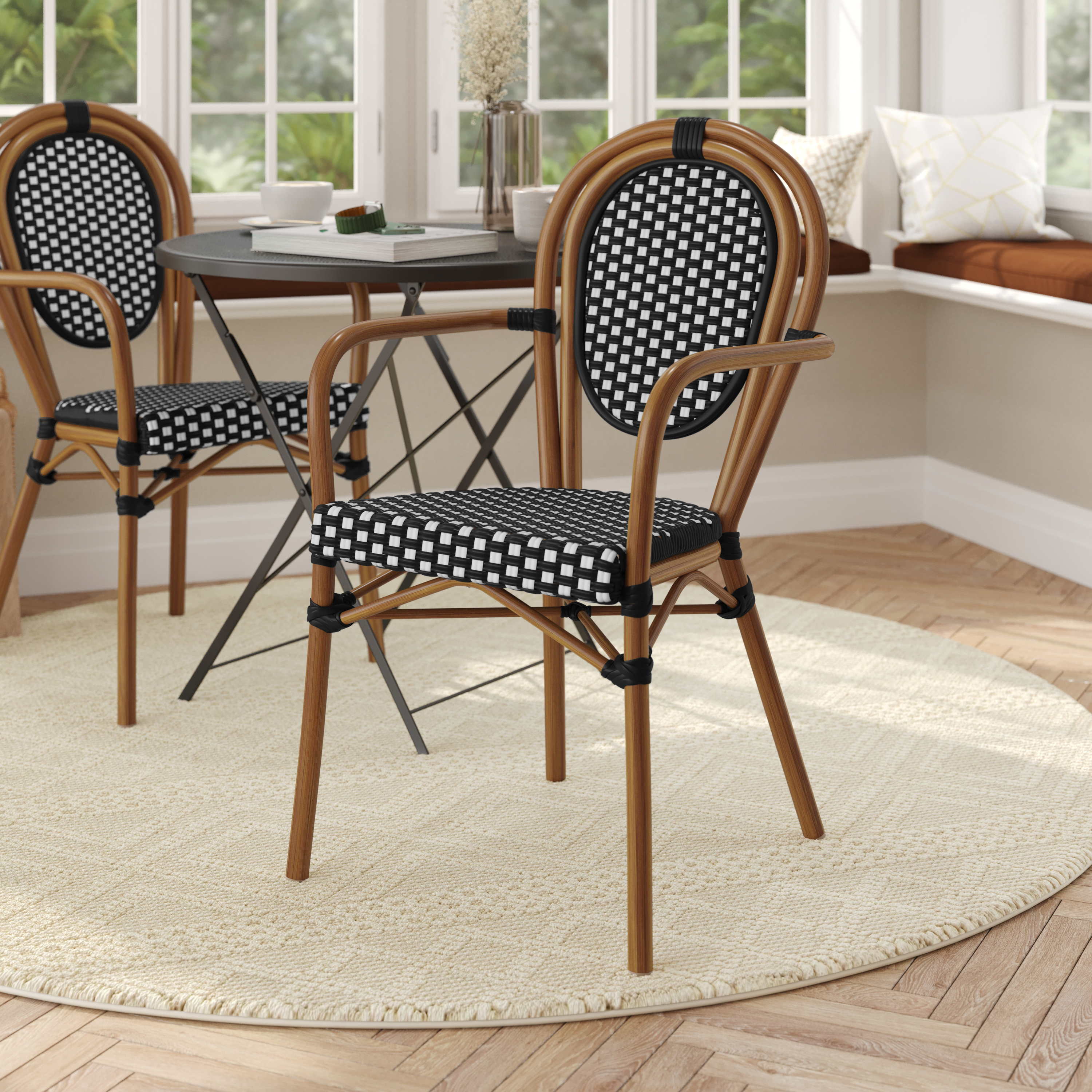 Lourdes Indoor/Outdoor Commercial Thonet French Bistro Stacking Chair with Arms, Black and White PE Rattan and Bamboo Print Aluminum Frame