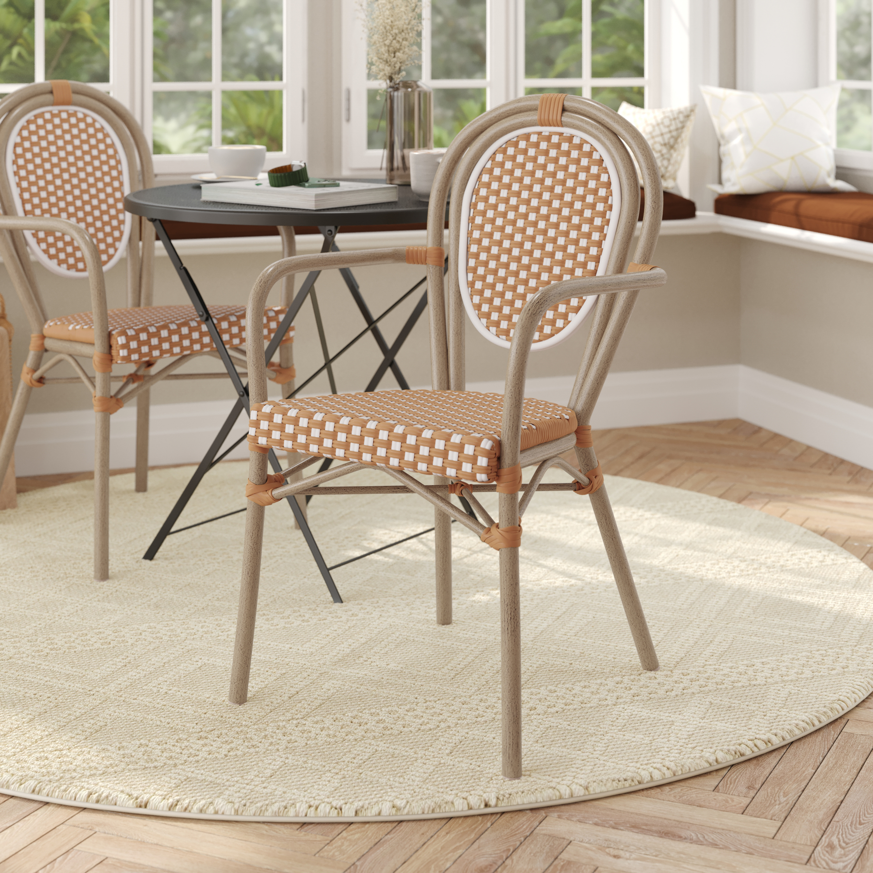 Lourdes Indoor/Outdoor Commercial Thonet French Bistro Stacking Chair with Arms, Natural/White PE Rattan and Bamboo Print Aluminum Frame in Lt Natural