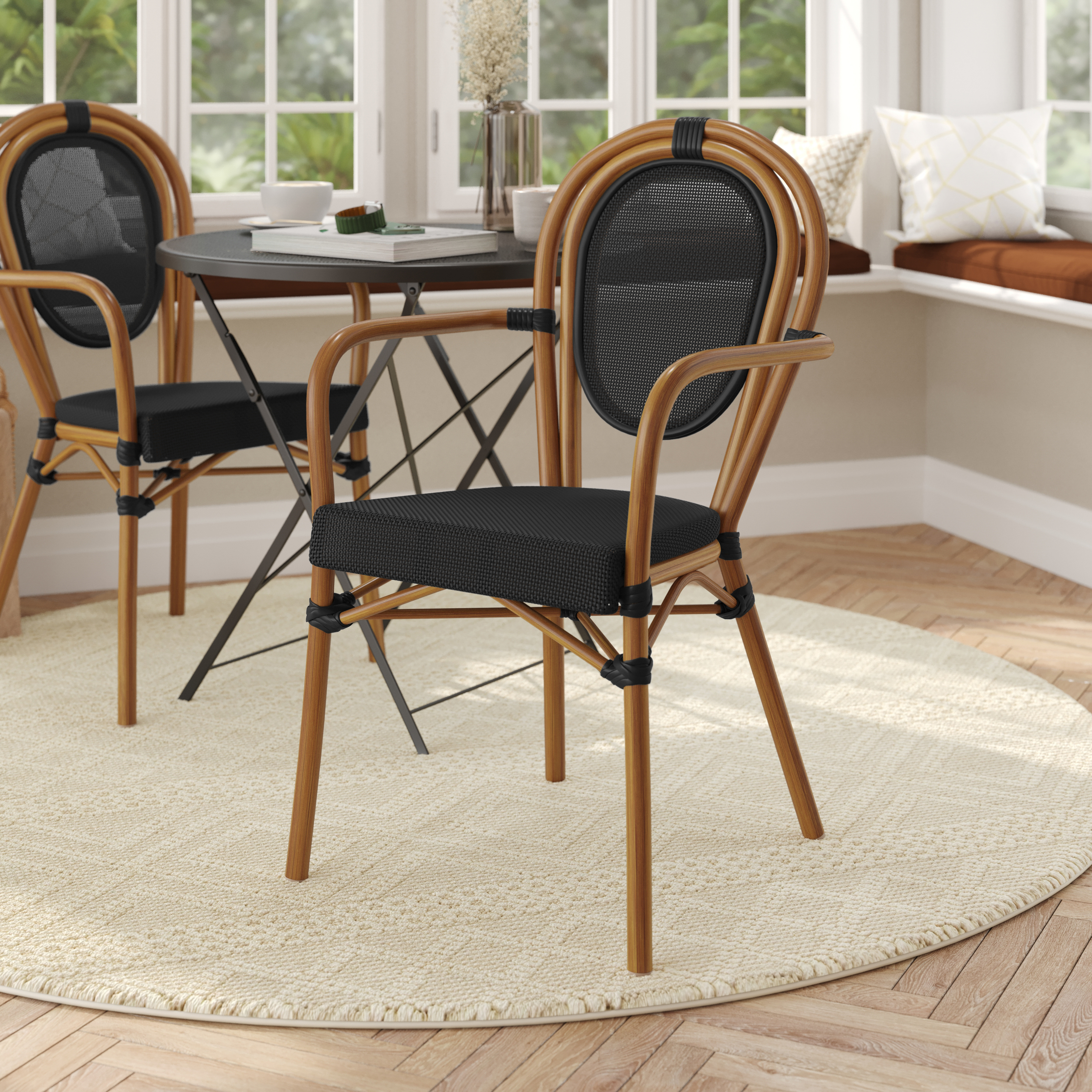 Marseille Indoor/Outdoor Commercial Thonet French Bistro Stacking Chair with Arms, Black Textilene and Bamboo Print Aluminum Frame in Natural