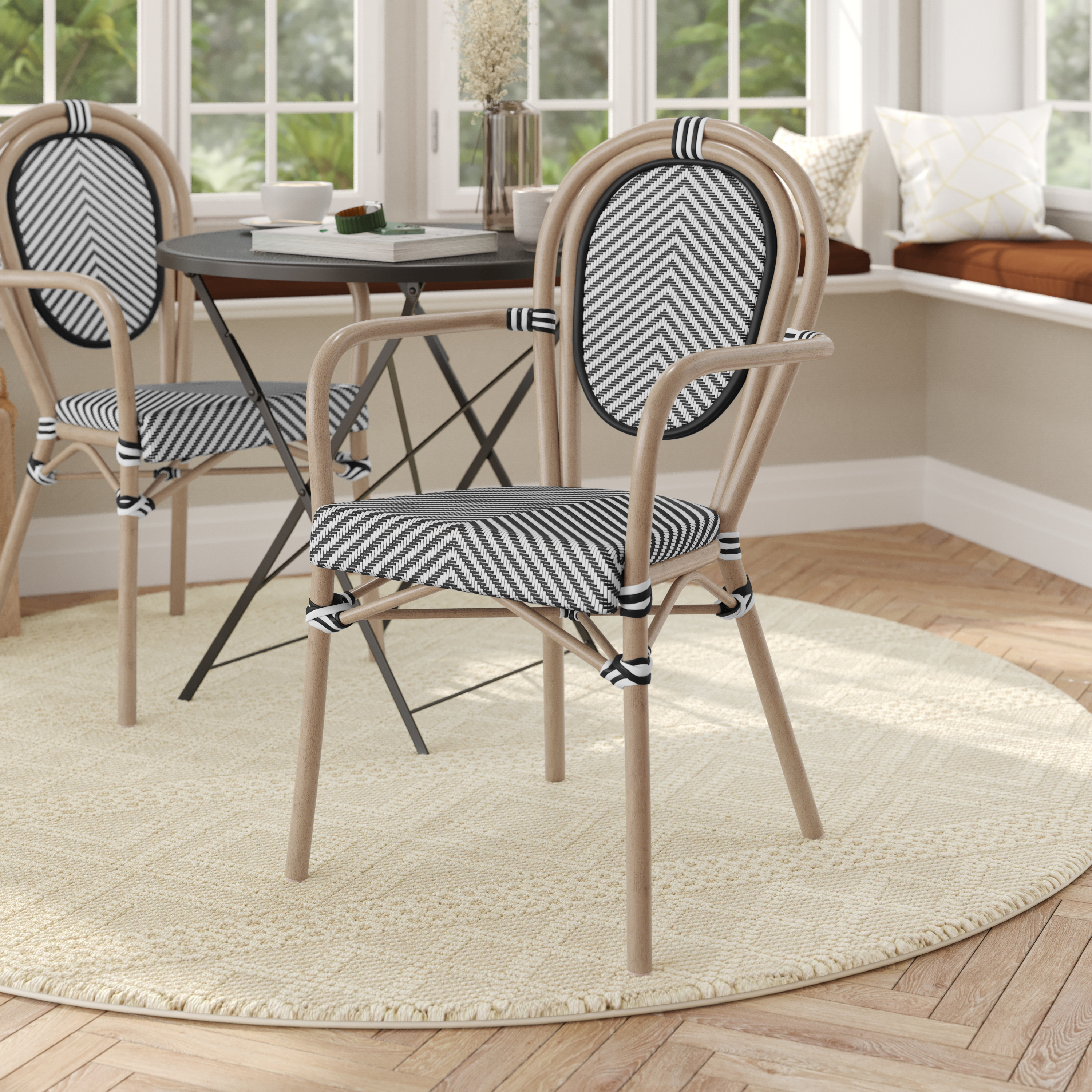 Marseille Indoor/Outdoor Commercial Thonet French Bistro Stacking Chair with Arms, Black/White Textilene and Bamboo Print Aluminum Frame in Natural