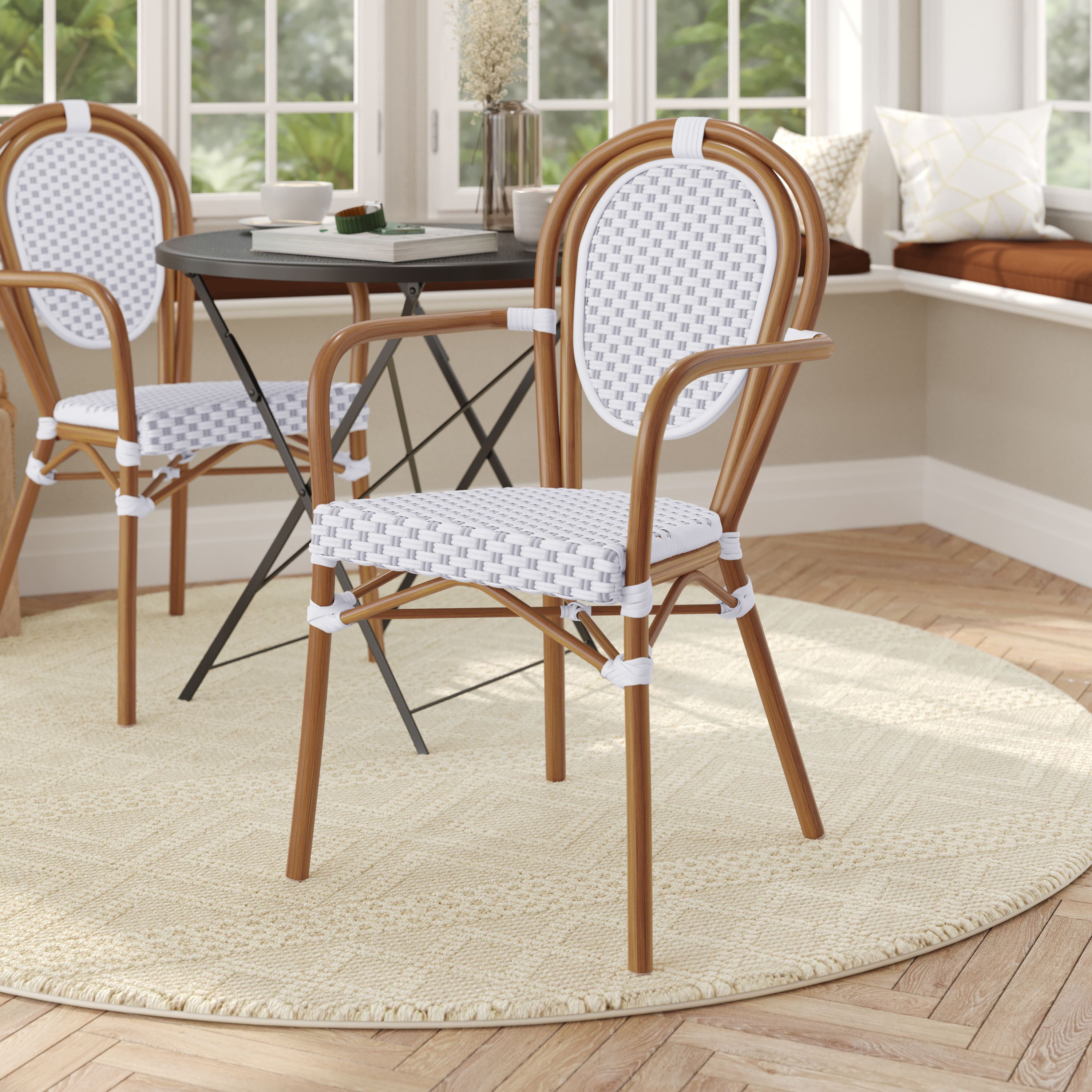 Lourdes Indoor/Outdoor Commercial Thonet French Bistro Stacking Chair with Arms, White and Gray PE Rattan and Bamboo Print Aluminum Frame in Natural