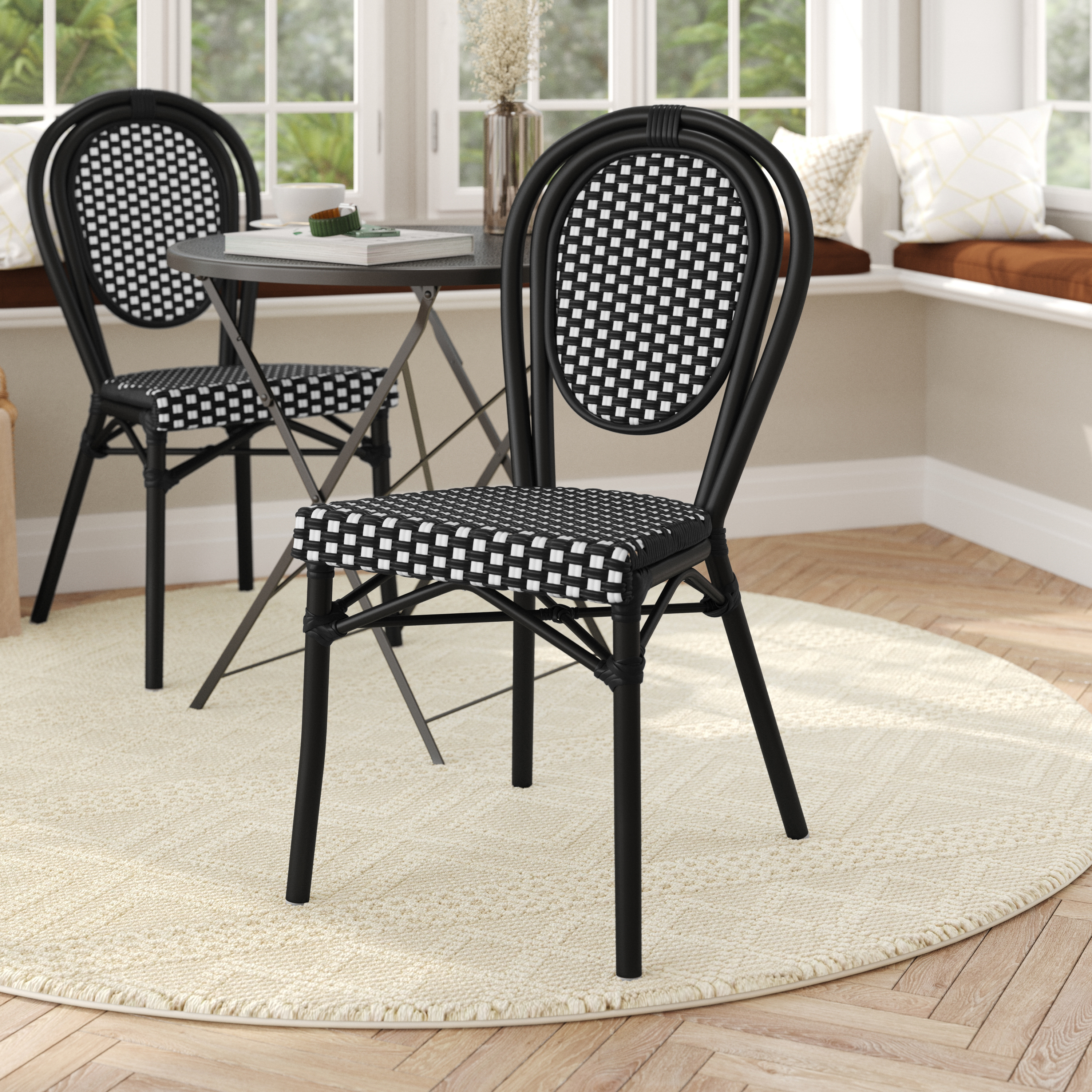 Lourdes Indoor/Outdoor Commercial Thonet French Bistro Stacking Chair, Black and White PE Rattan and Black Aluminum Frame