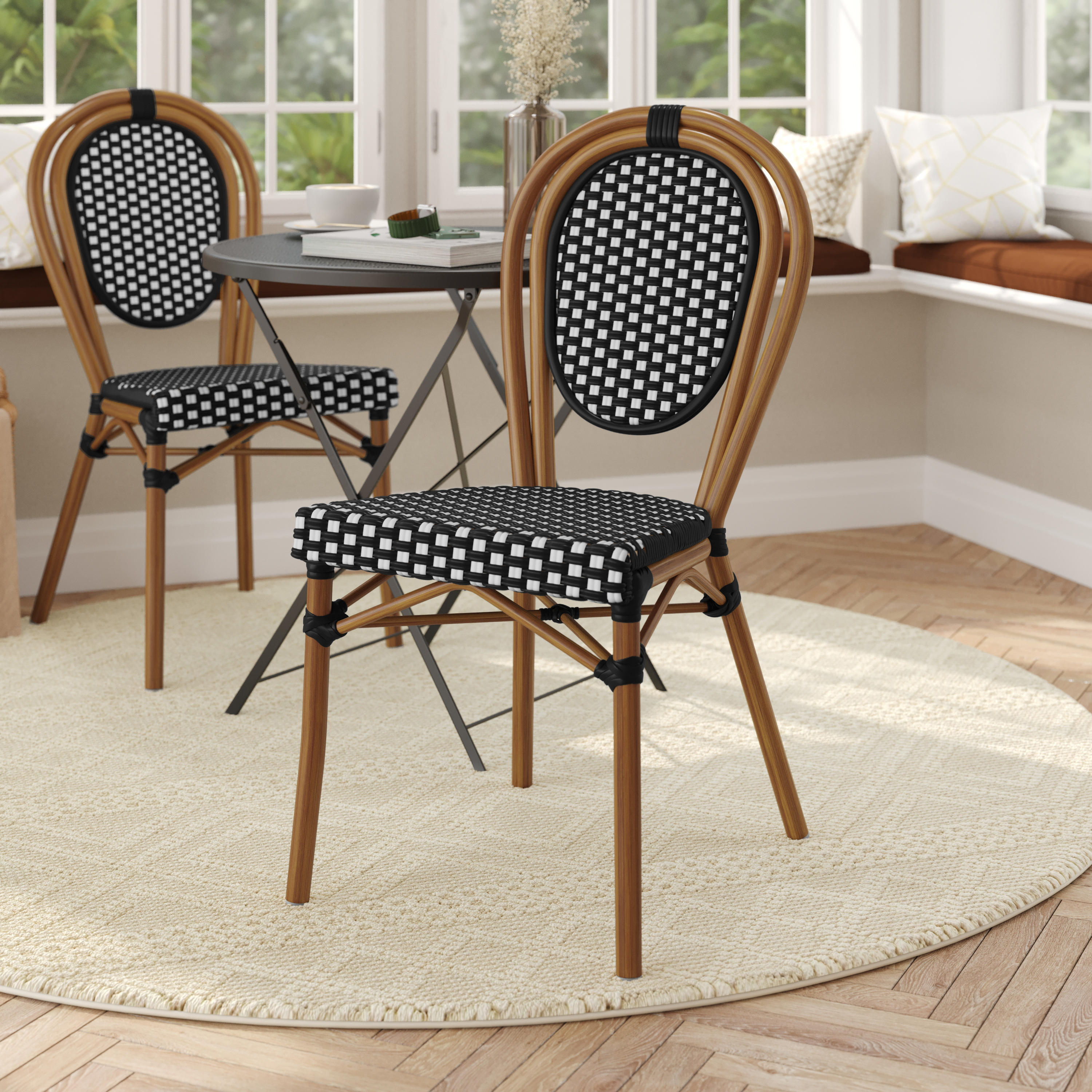Lourdes Indoor/Outdoor Commercial Thonet French Bistro Stacking Chair, Black and White PE Rattan and Bamboo Print Aluminum Frame in Natural