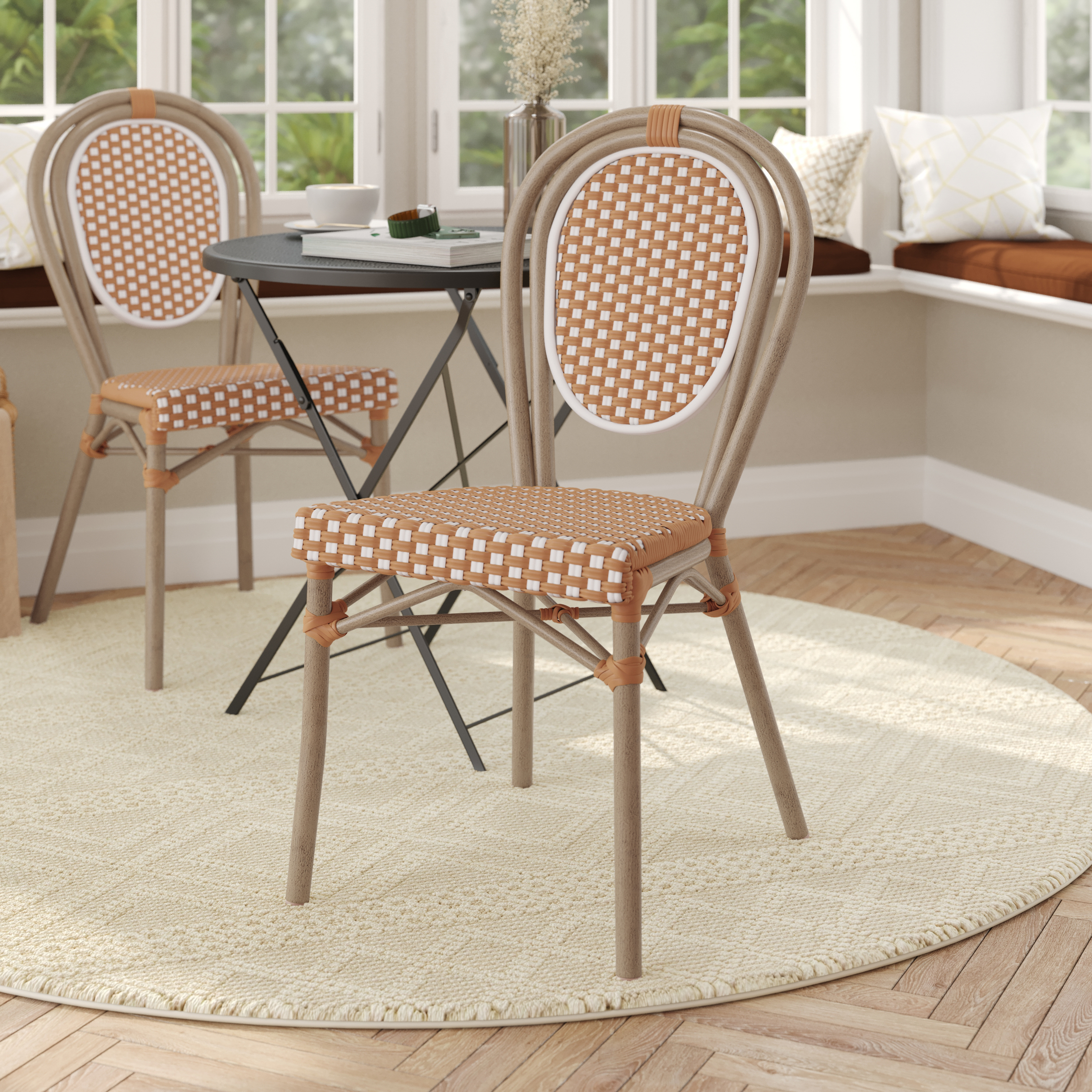 Lourdes Indoor/Outdoor Commercial Thonet French Bistro Stacking Chair, Natural/White PE Rattan and Bamboo Print Aluminum Frame in Light Natural