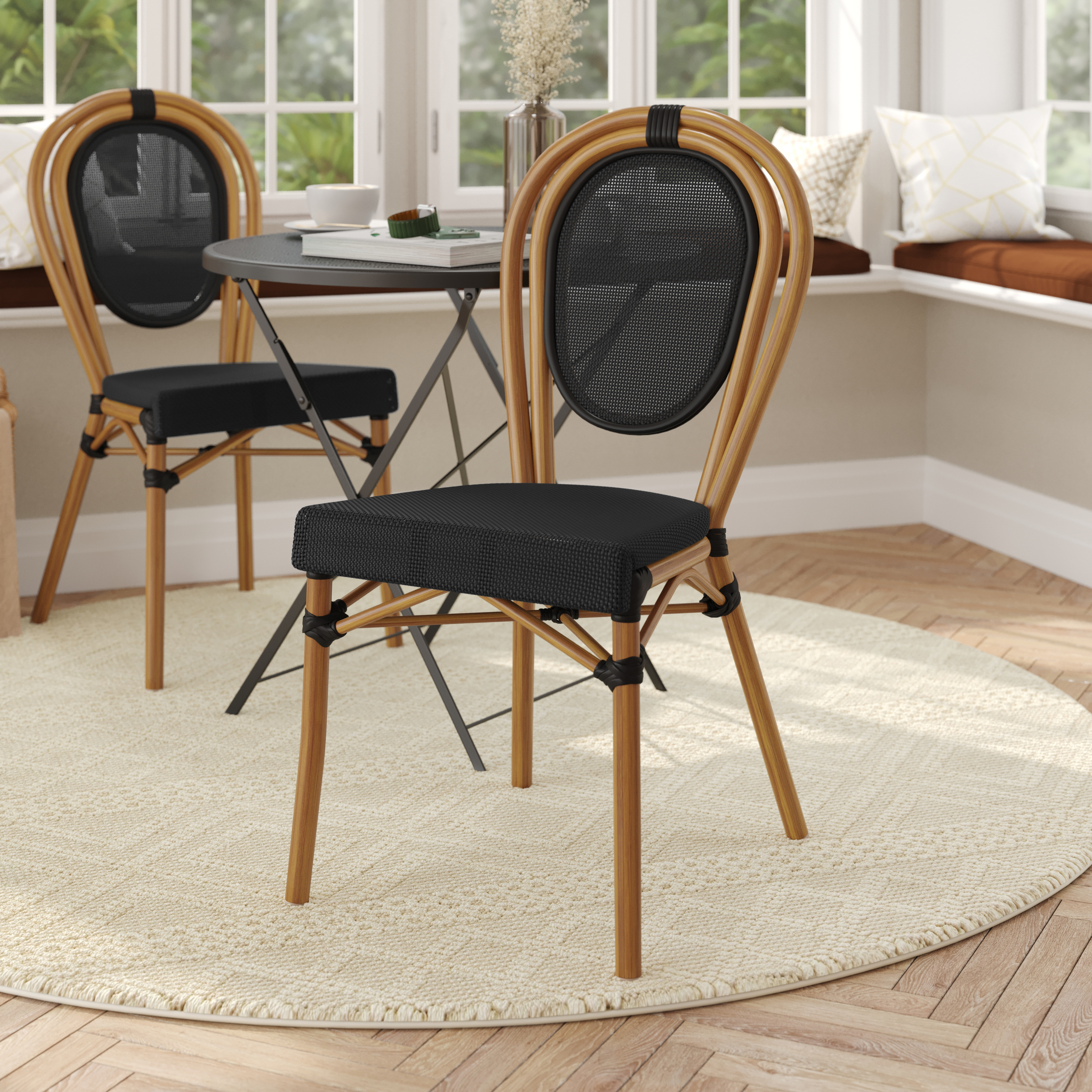Marseille Indoor/Outdoor Commercial Thonet French Bistro Stacking Chair, Black Textilene and Bamboo Print Aluminum Frame in Natural