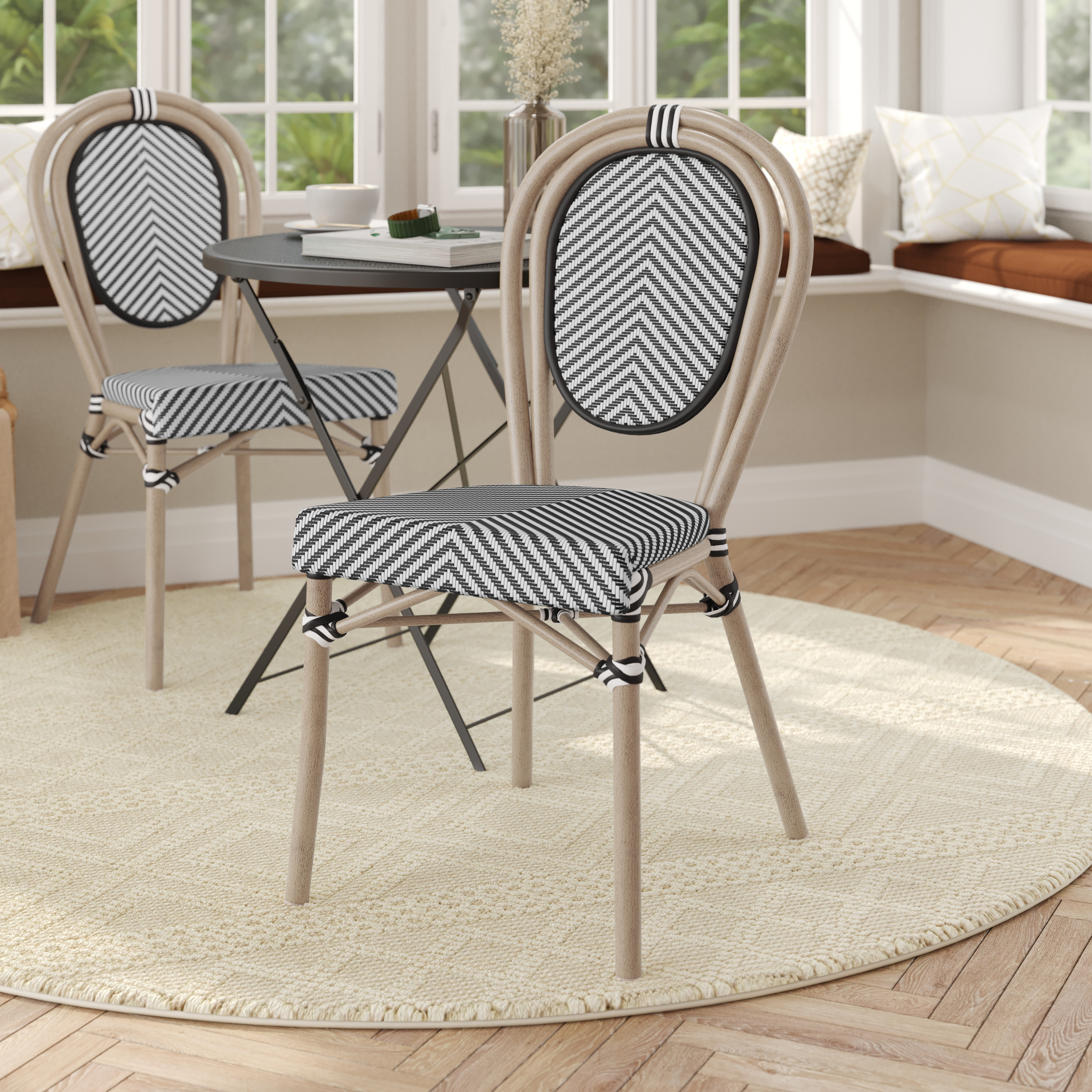 Marseille Indoor/Outdoor Commercial Thonet French Bistro Stacking Chair, Black/White Textilene and Bamboo Print Aluminum Frame in LT Natural