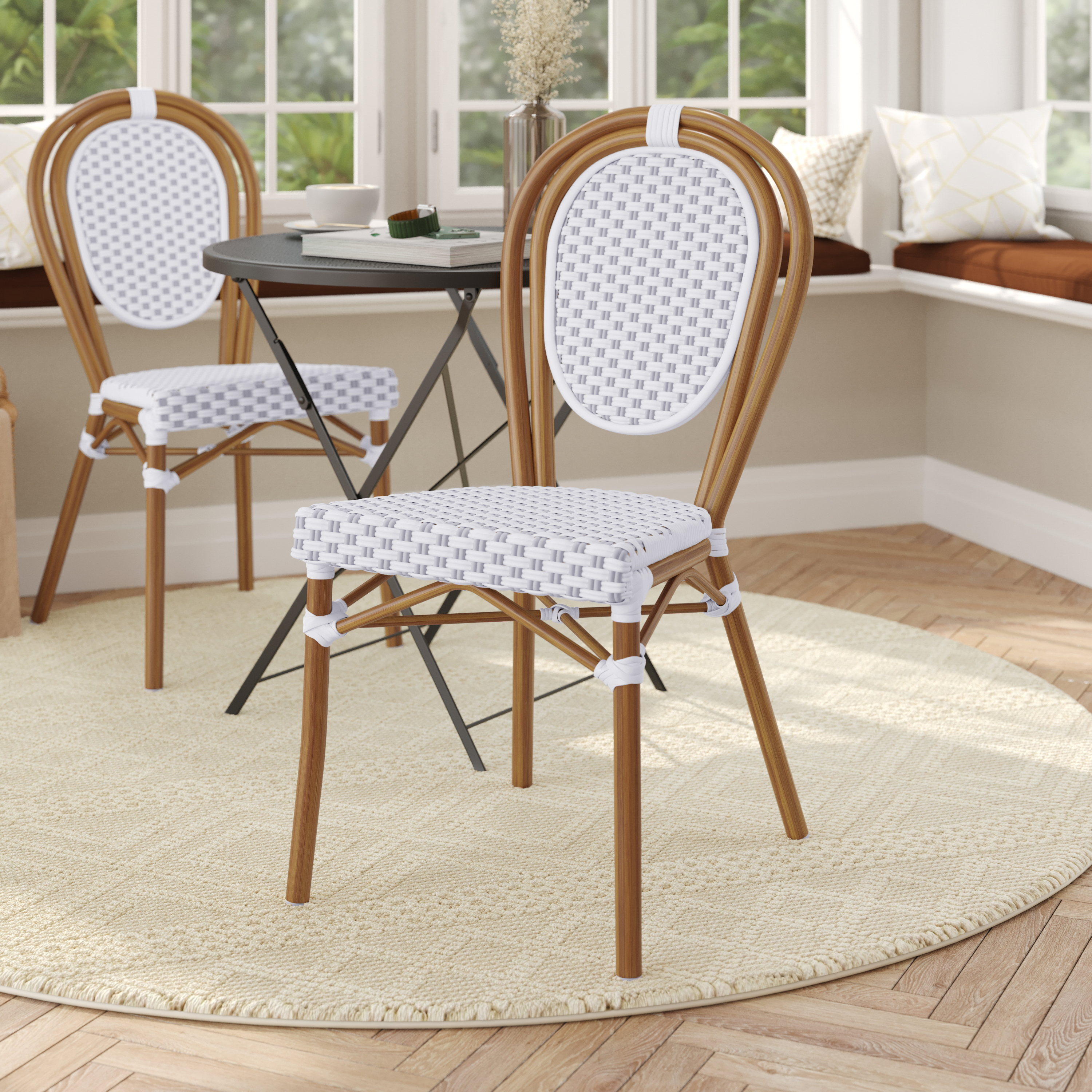 Lourdes Indoor/Outdoor Commercial Thonet French Bistro Stacking Chair, White and Gray PE Rattan and Bamboo Print Aluminum Frame in Natural