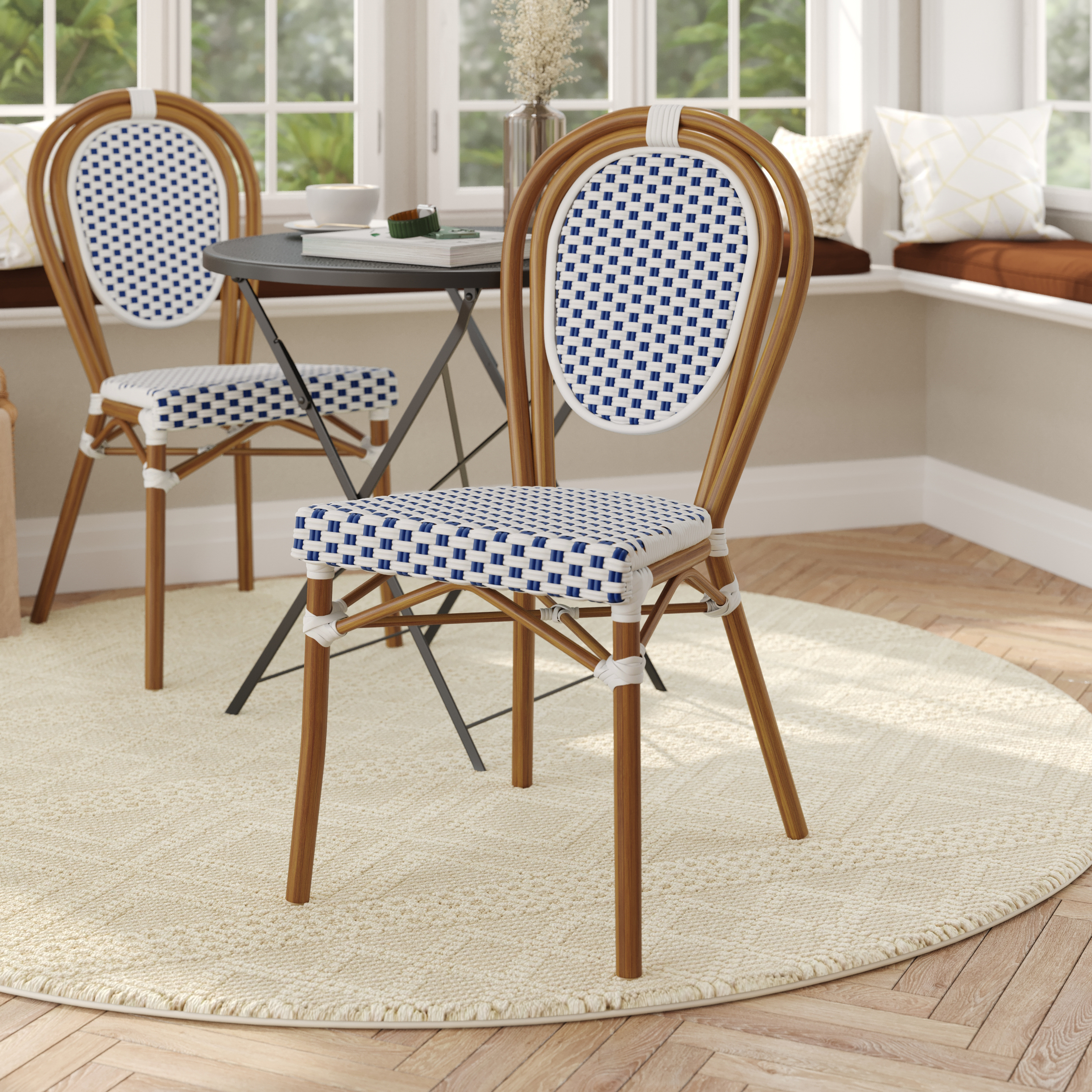 Lourdes Indoor/Outdoor Commercial Thonet French Bistro Stacking Chair, White and Navy PE Rattan and Bamboo Print Aluminum Frame in Natural