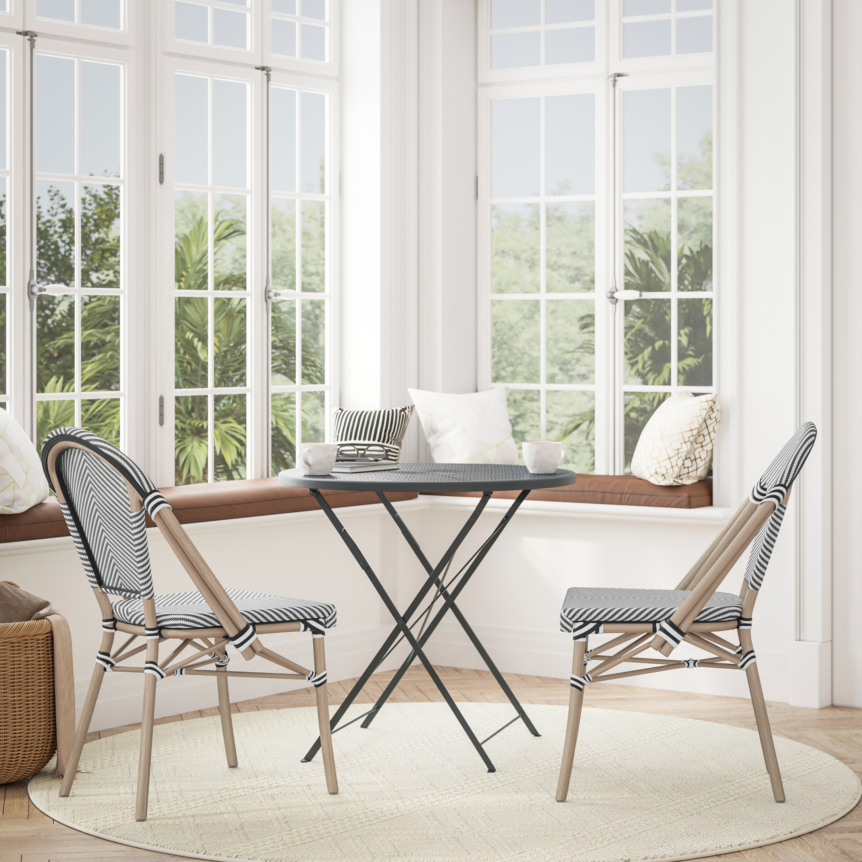 Marseille Indoor/Outdoor Commercial French Bistro Stacking Chair, Black/White Textilene Back and Seat, Bamboo Print Aluminum Frame in Light Natural