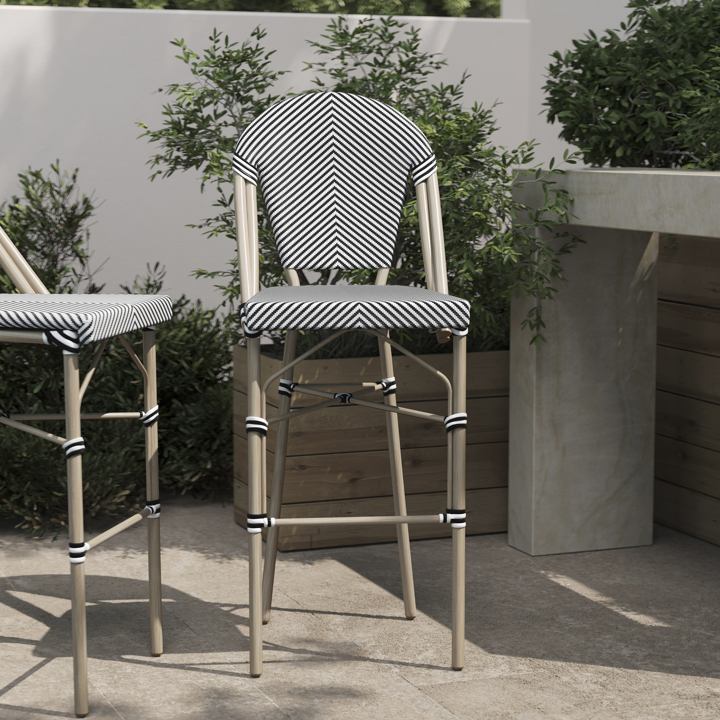Marseille Stackable Indoor/Outdoor French Bistro 30" High Barstool, Commercial Grade, Black/White and Light Bamboo Finish