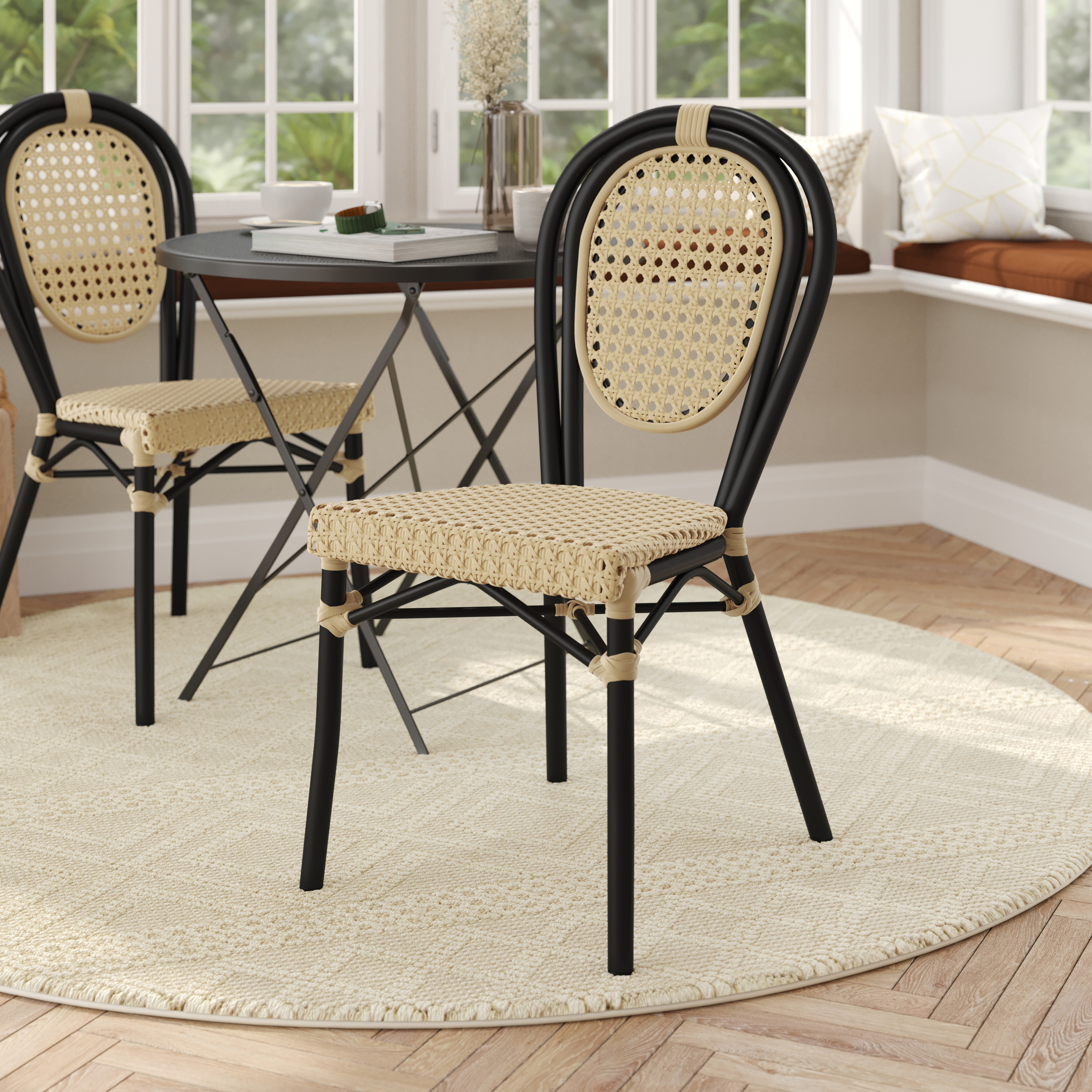 Cannes Indoor/Outdoor Commercial Thonet French Bistro Stacking Chair, Natural PE Cane Rattan and Black Aluminum Frame