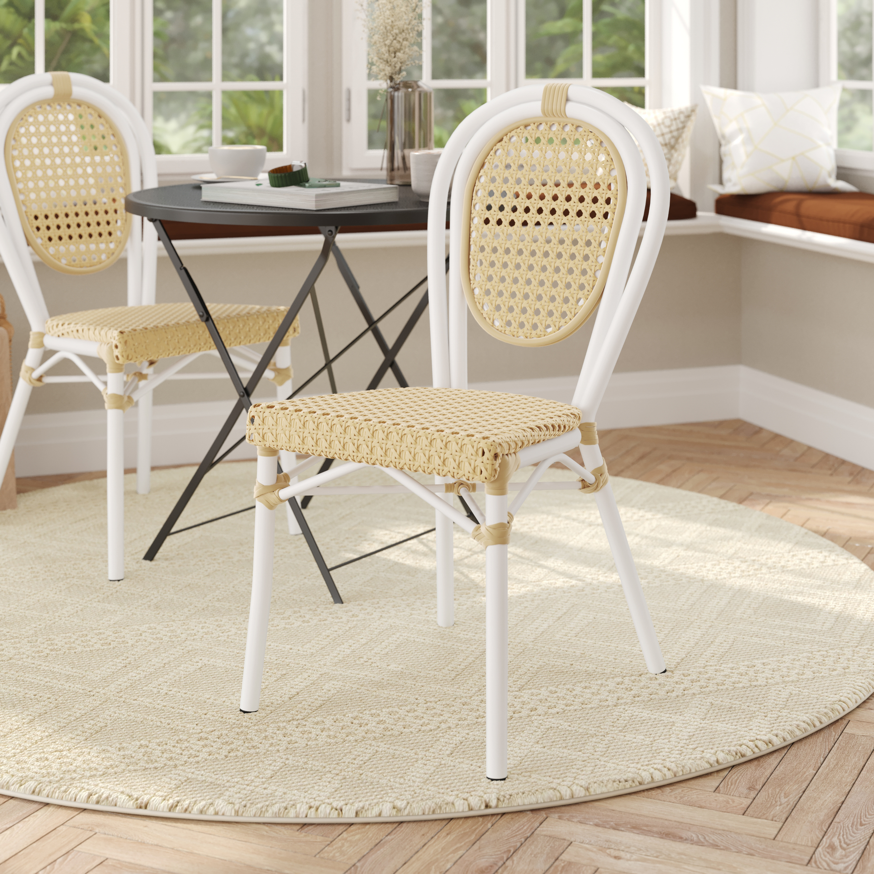 Cannes Indoor/Outdoor Commercial Thonet French Bistro Stacking Chair, Natural PE Cane Rattan and White Aluminum Frame