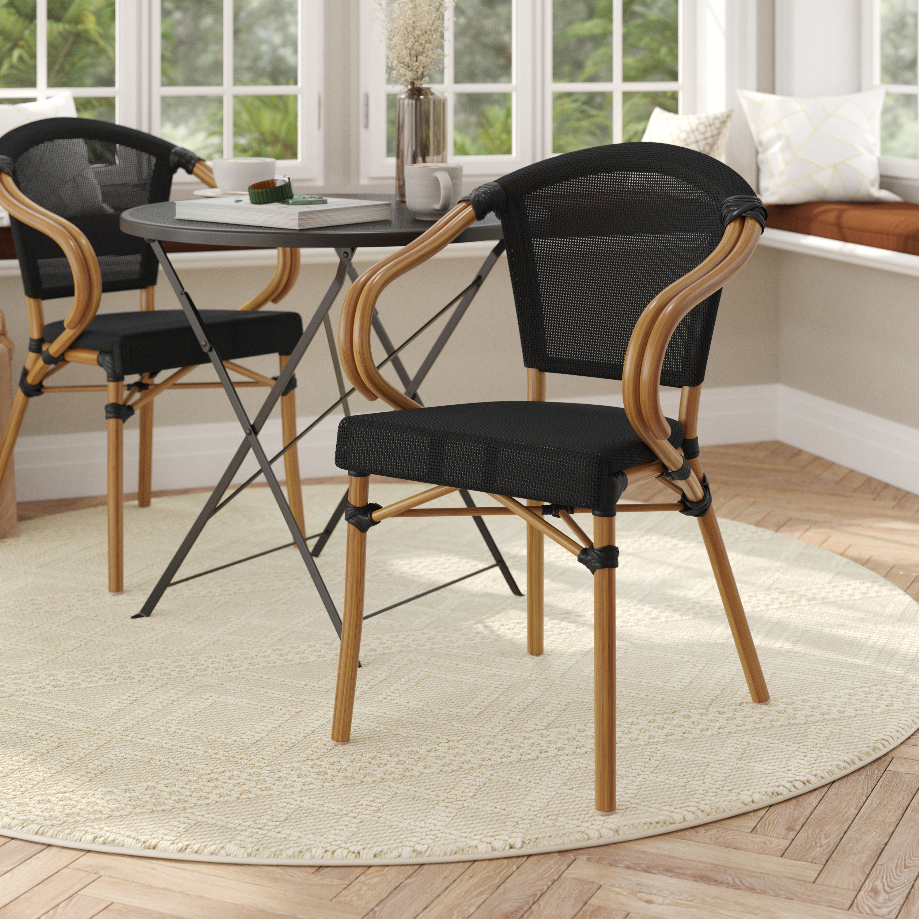 Marseille Indoor/Outdoor Commercial French Bistro Stacking Chair with Arms, Black Textilene and Bamboo Print Aluminum Frame in Natural
