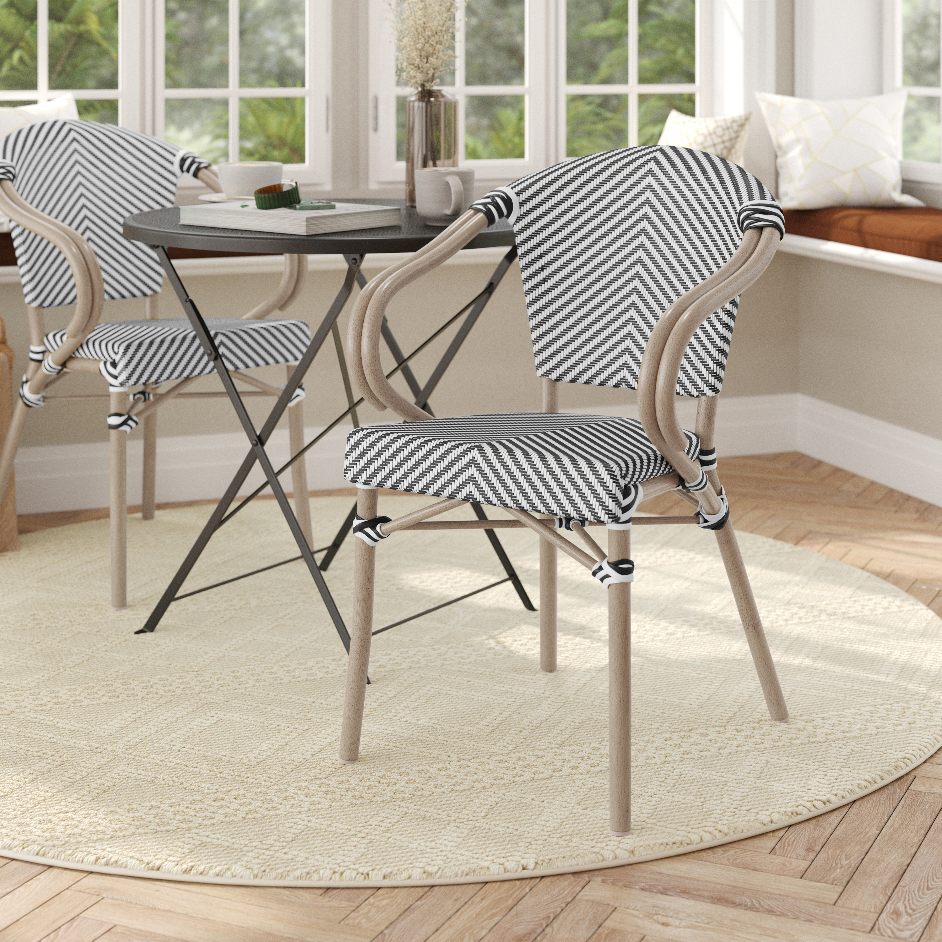 Marseille Indoor/Outdoor Commercial French Bistro Stacking Chair with Arms, Black/White Textilene and Bamboo Print Aluminum Frame in LT Natural
