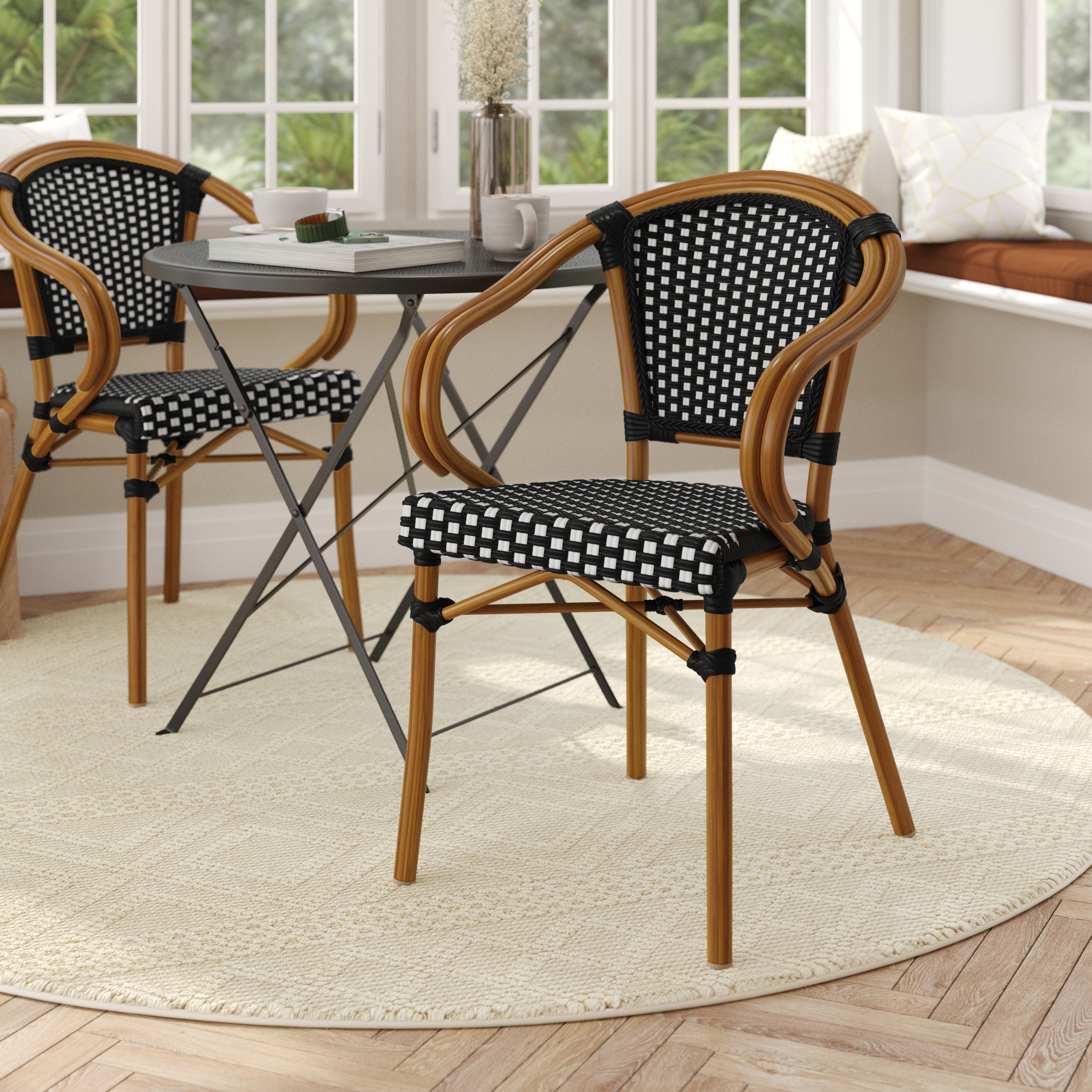 Bordeaux Indoor/Outdoor Commercial French Bistro Stacking Chair with Arms, Black and White PE Rattan and Bamboo Print Aluminum Frame in Natural