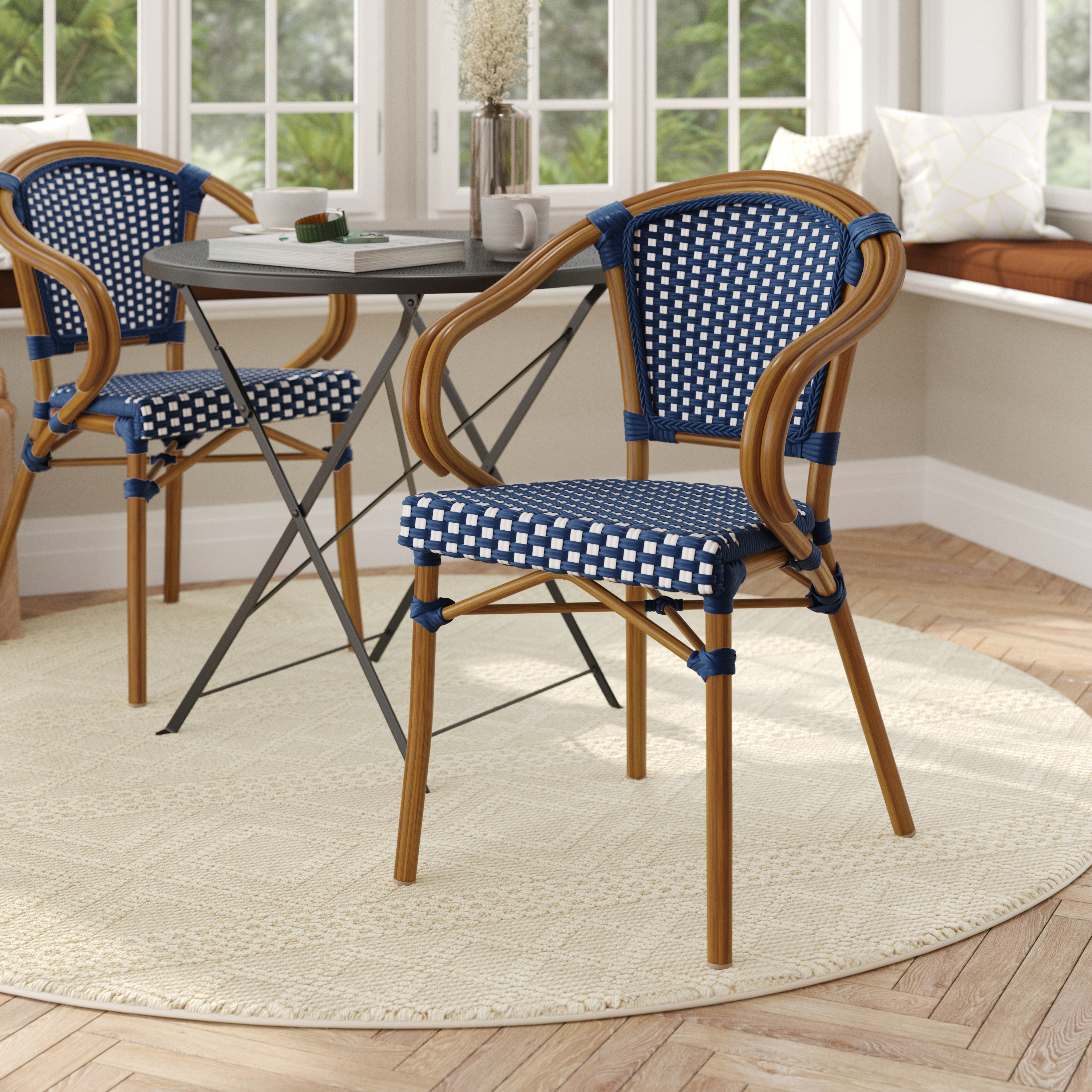 Bordeaux Indoor/Outdoor Commercial French Bistro Stacking Chair with Arms, Navy and White PE Rattan and Bamboo Print Aluminum Frame in Natural