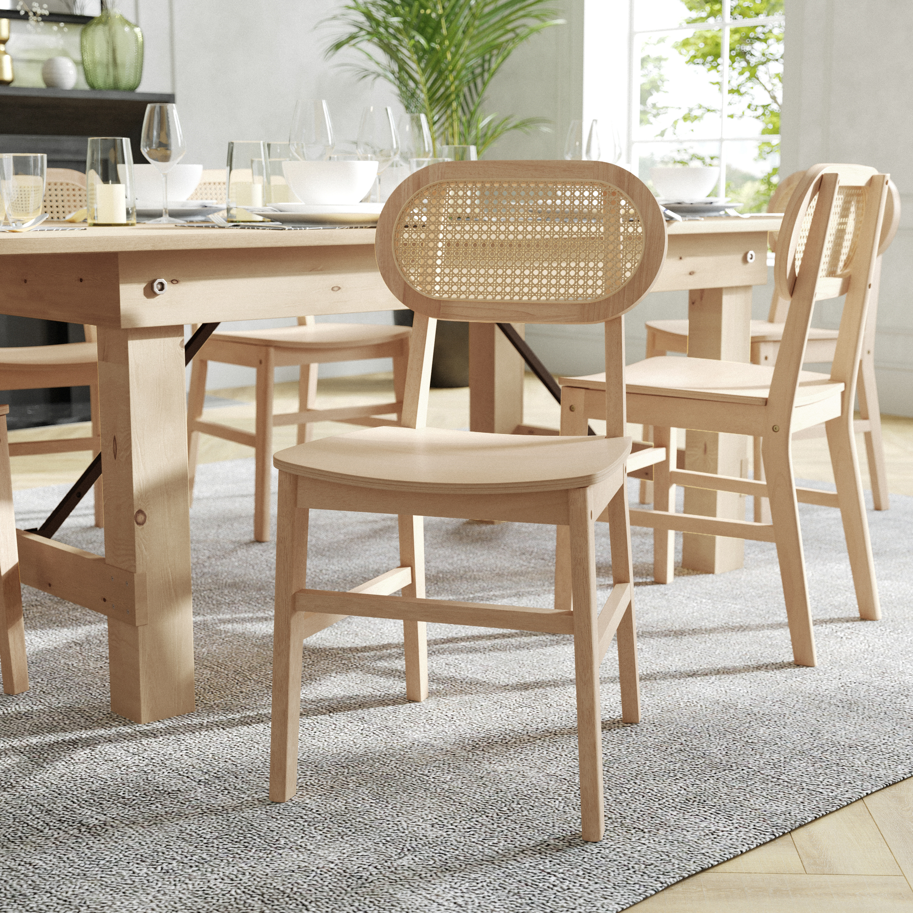 Jacob Set of 2 Commercial Cane Rattan Dining and Event Chairs with Solid Wood Frame and Seat, Natural