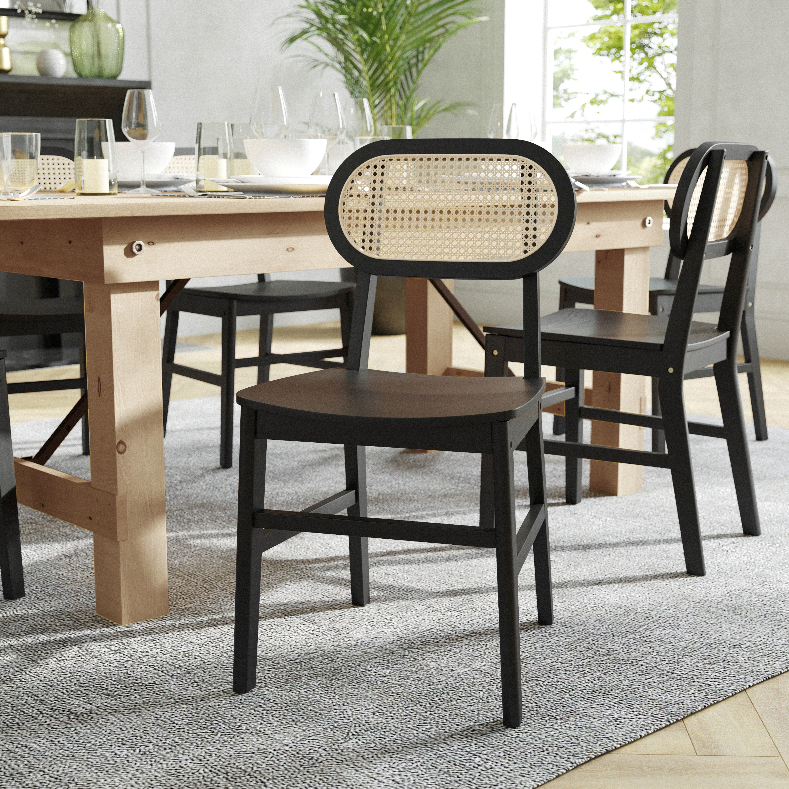 Jacob Set of 2 Commercial Cane Rattan Dining and Event Chairs with Solid Wood Frame and Seat, Natural/Black